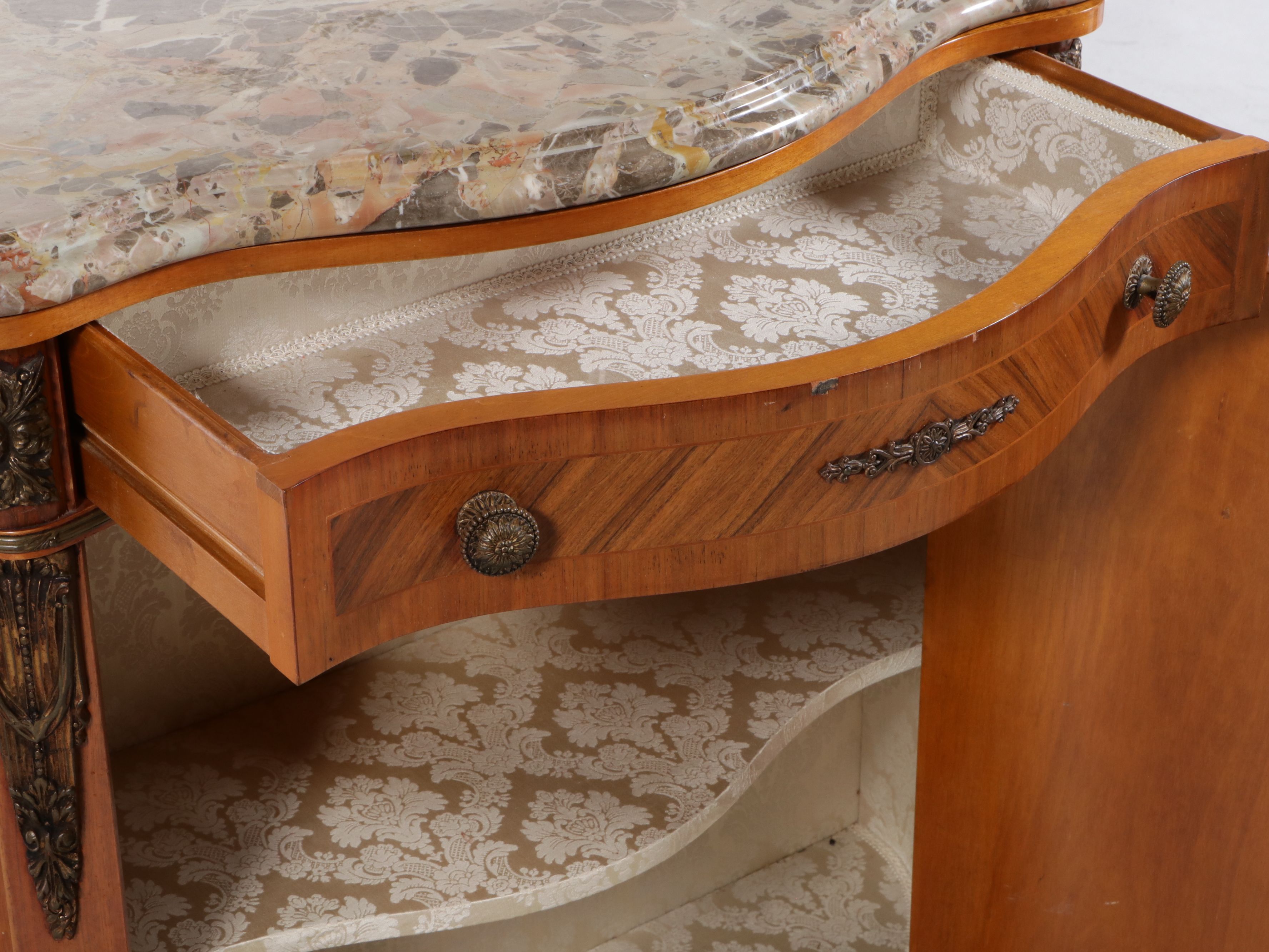 Napoleon III Style Marquetry Marble Top Side Cabinet, Mid to Late 20th Century