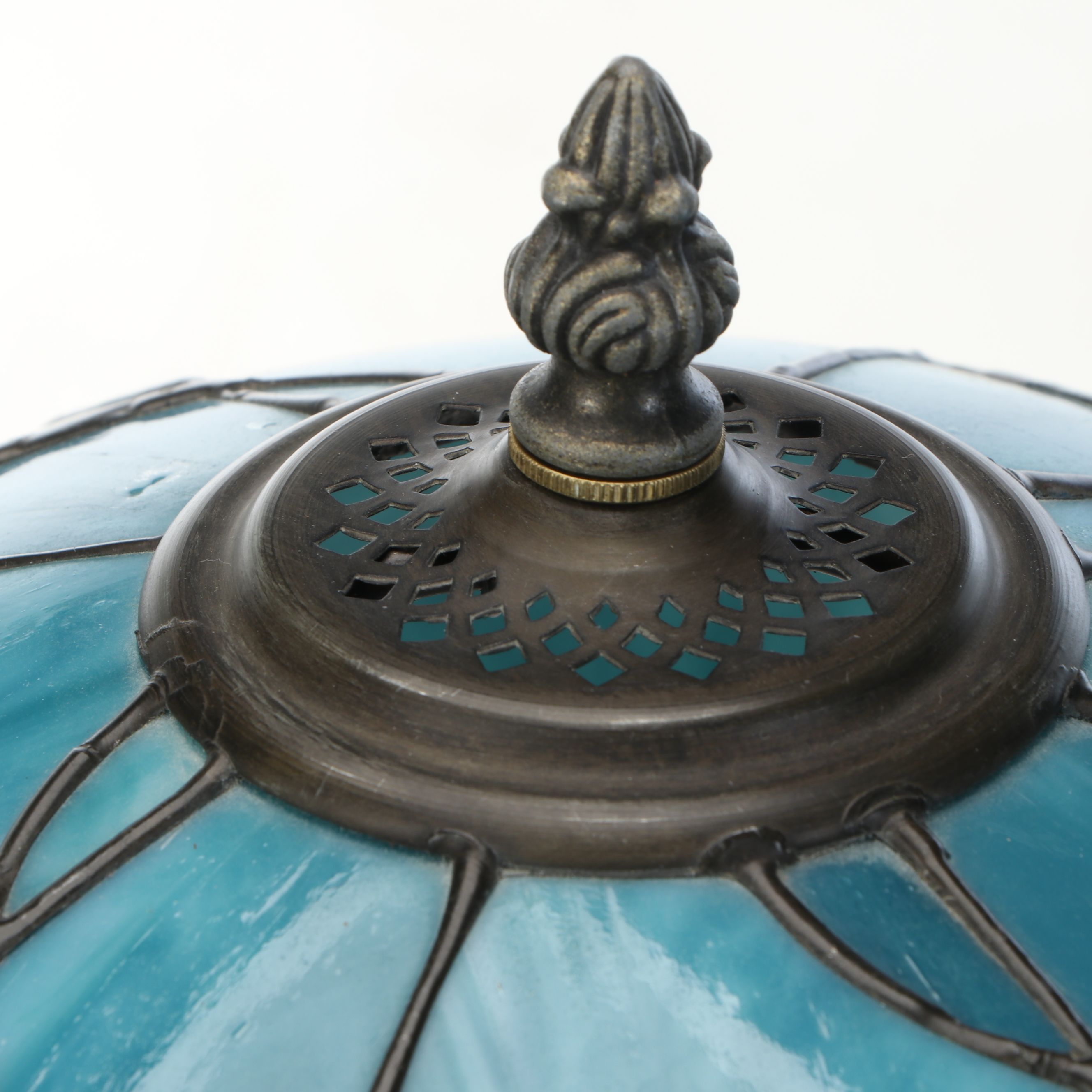 Art Nouveau Table Lamp with Turquoise Bent Panel Slag Glass Shade