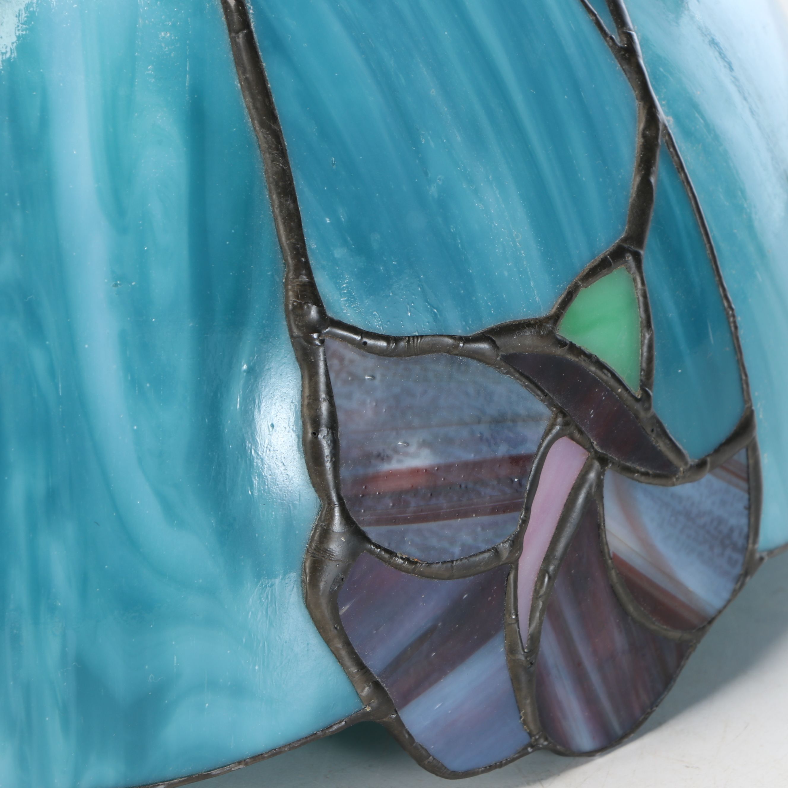 Art Nouveau Table Lamp with Turquoise Bent Panel Slag Glass Shade