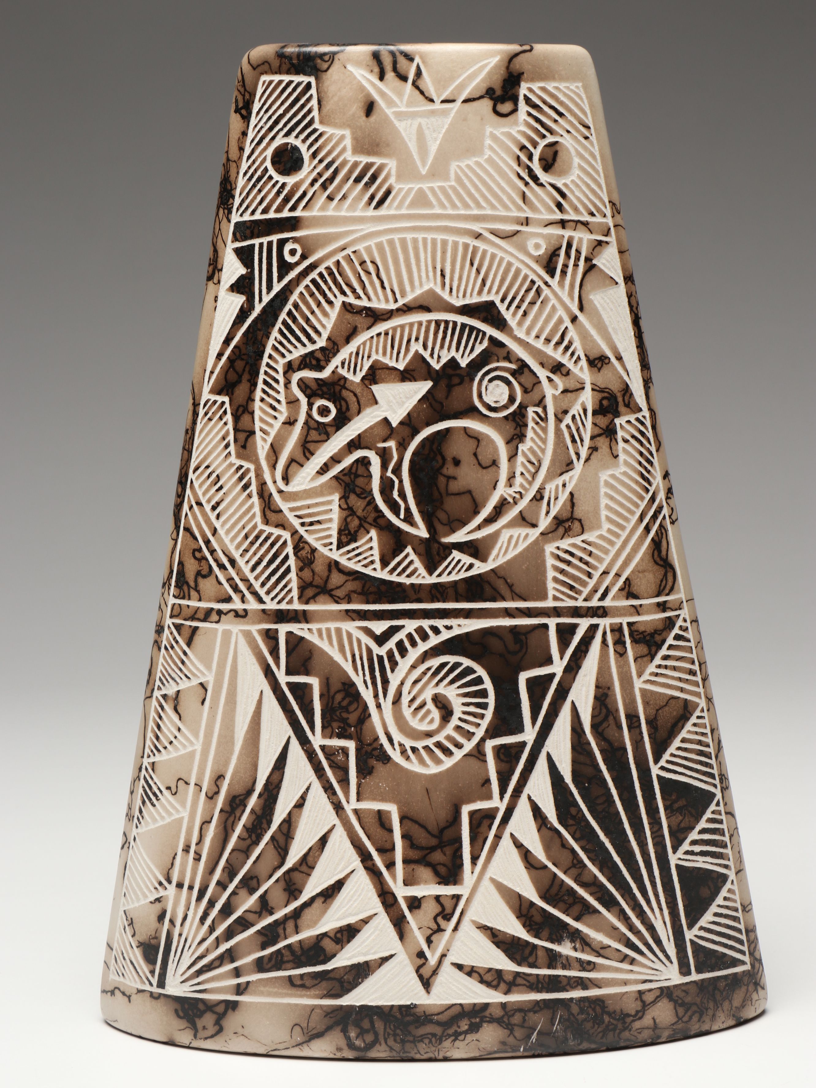 Gary Yellow Corn Louis Acoma Hand Etched Horsehair Art Pottery Vessel