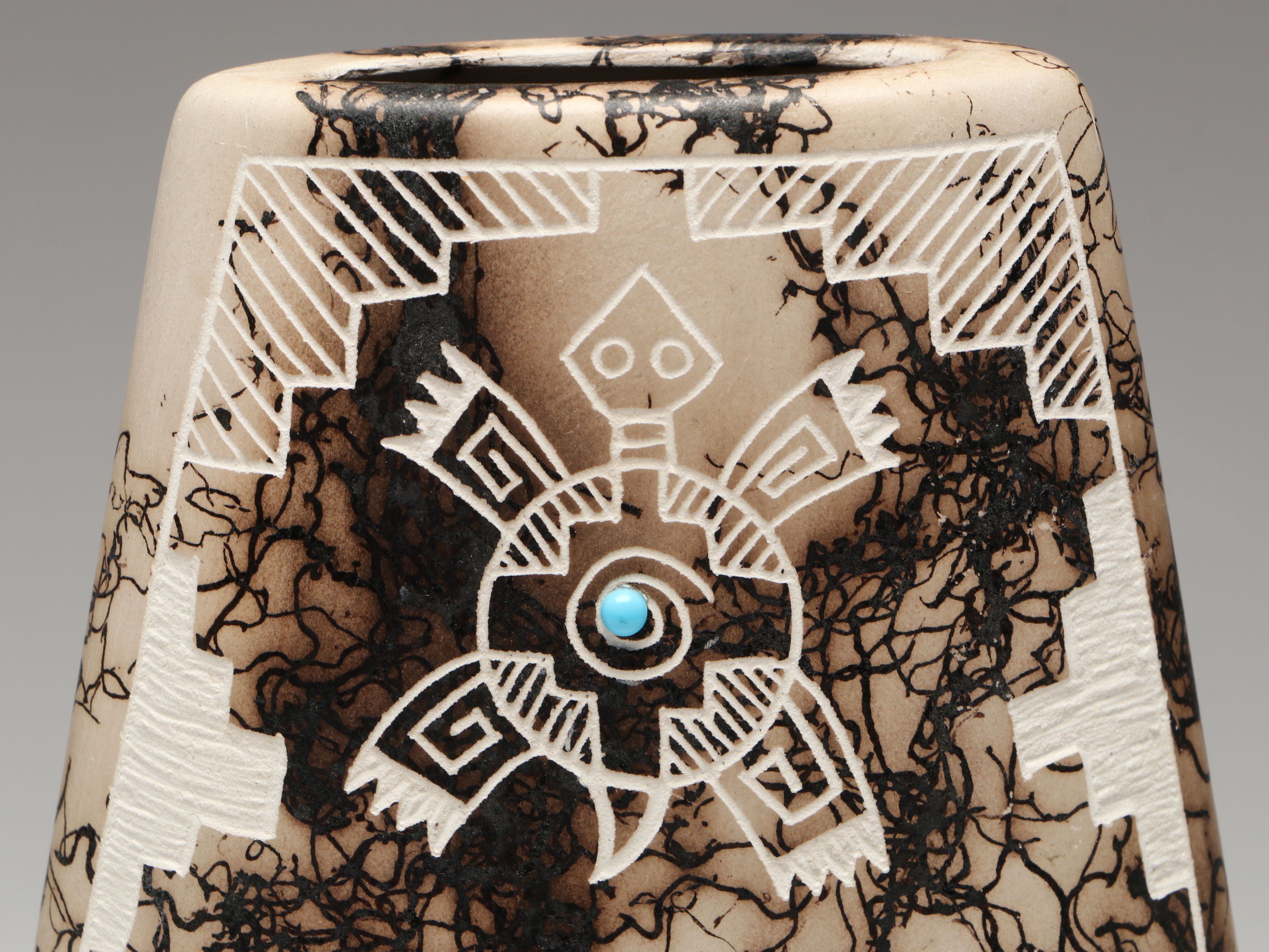 Gary Yellow Corn Louis Acoma Hand Etched Horsehair Art Pottery Vessel