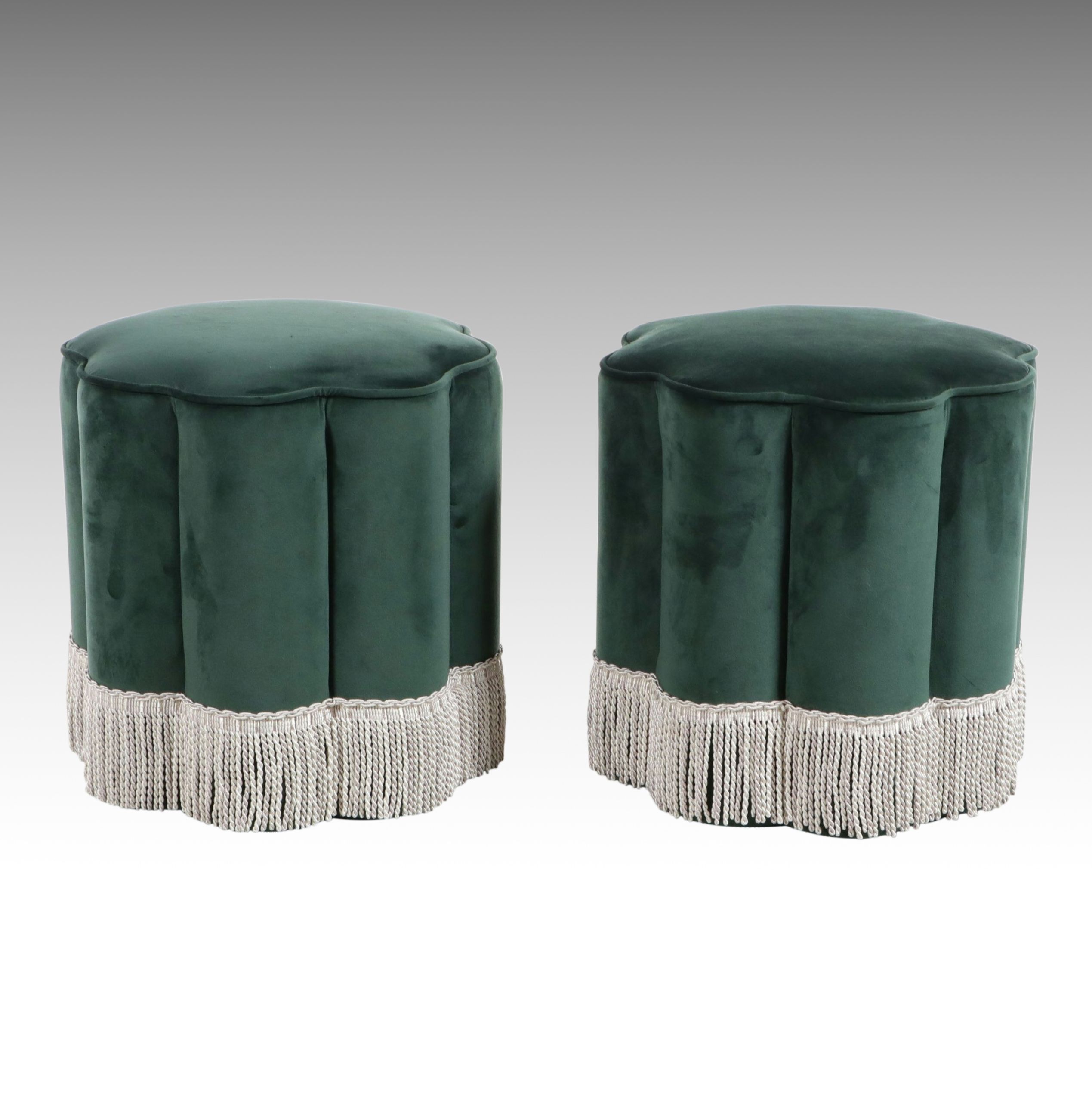 Pair of Contemporary Hollywood Regency Forest Green Velvet Scalloped Ottomans