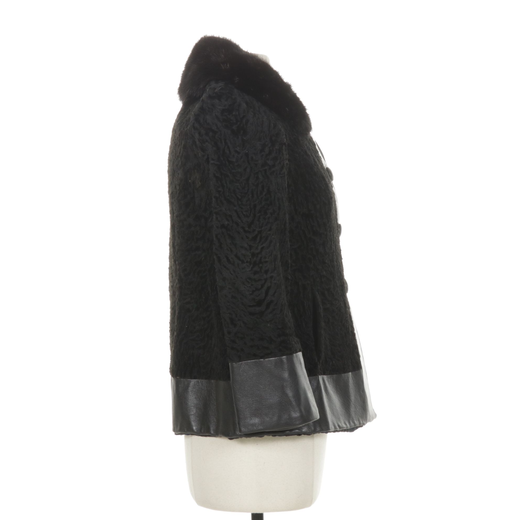 Black Persian Lamb Fur Jacket with Mink Fur Collar and Leather Trim