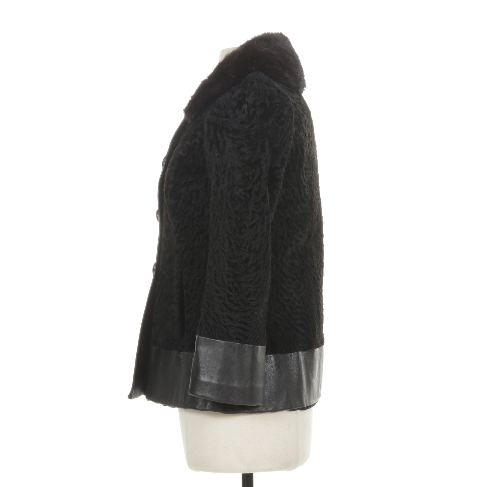Black Persian Lamb Fur Jacket with Mink Fur Collar and Leather Trim
