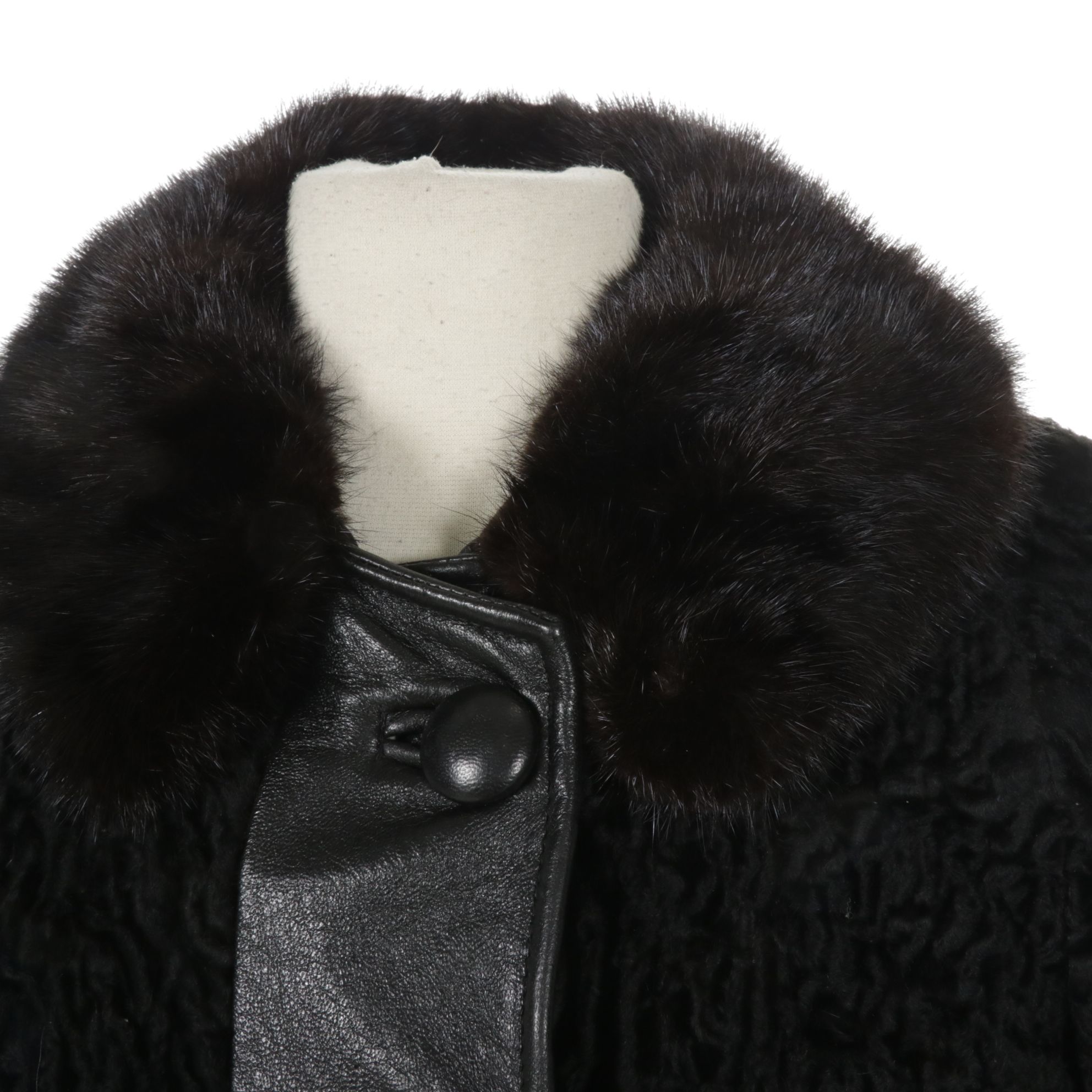 Black Persian Lamb Fur Jacket with Mink Fur Collar and Leather Trim
