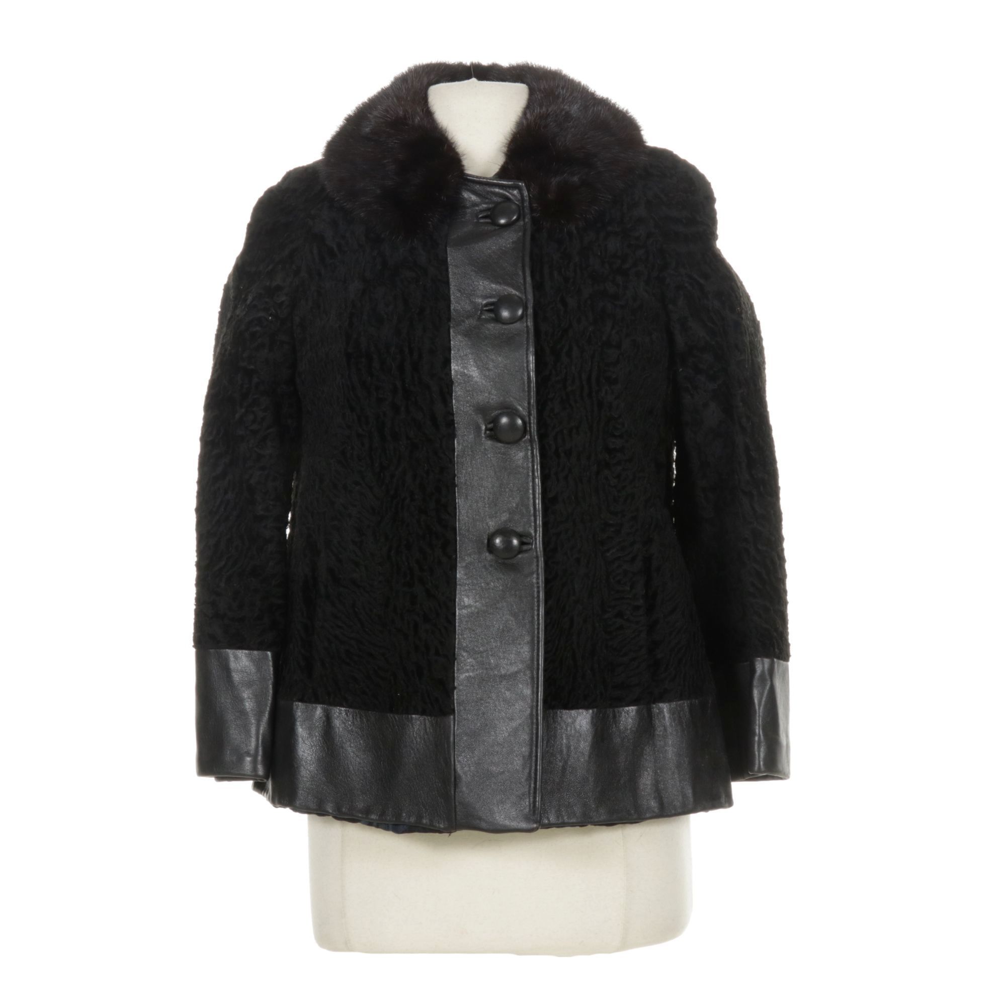 Black Persian Lamb Fur Jacket with Mink Fur Collar and Leather Trim
