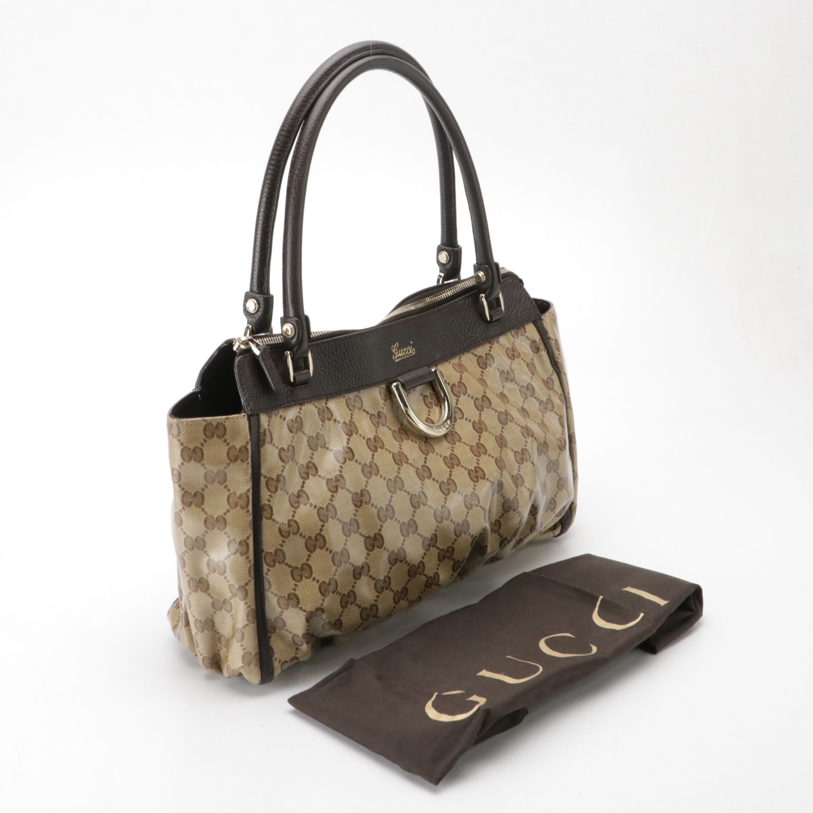 Gucci Abbey D-Ring Shoulder Bag in GG Crystal Canvas and Brown Leather