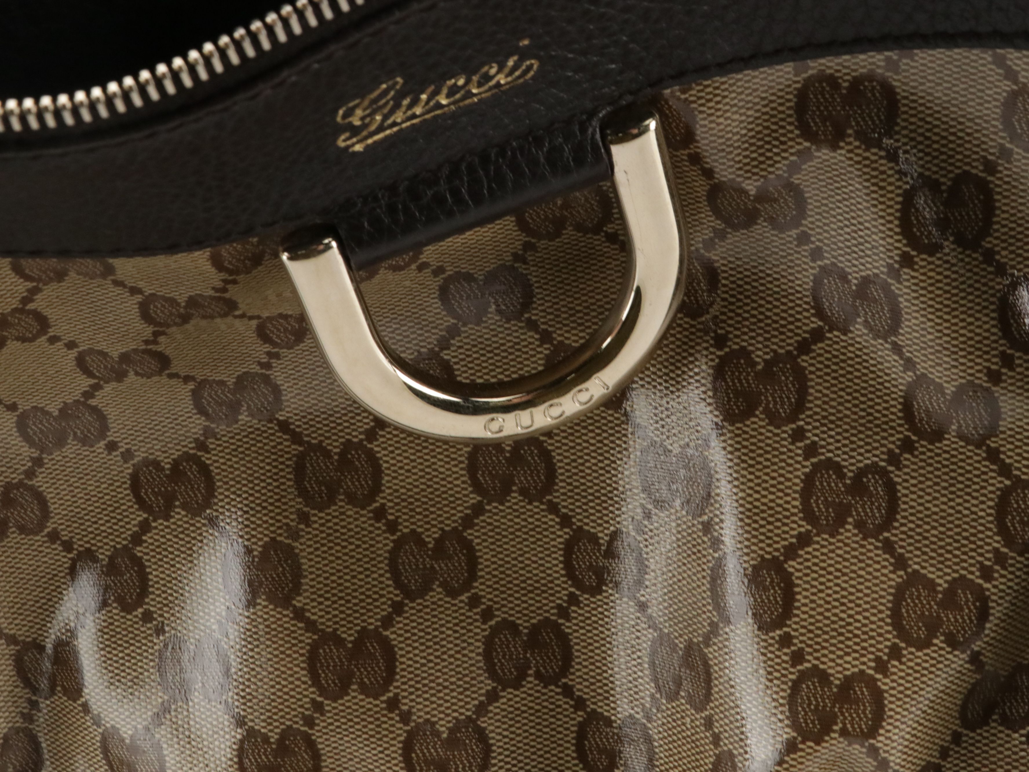 Gucci Abbey D-Ring Shoulder Bag in GG Crystal Canvas and Brown Leather