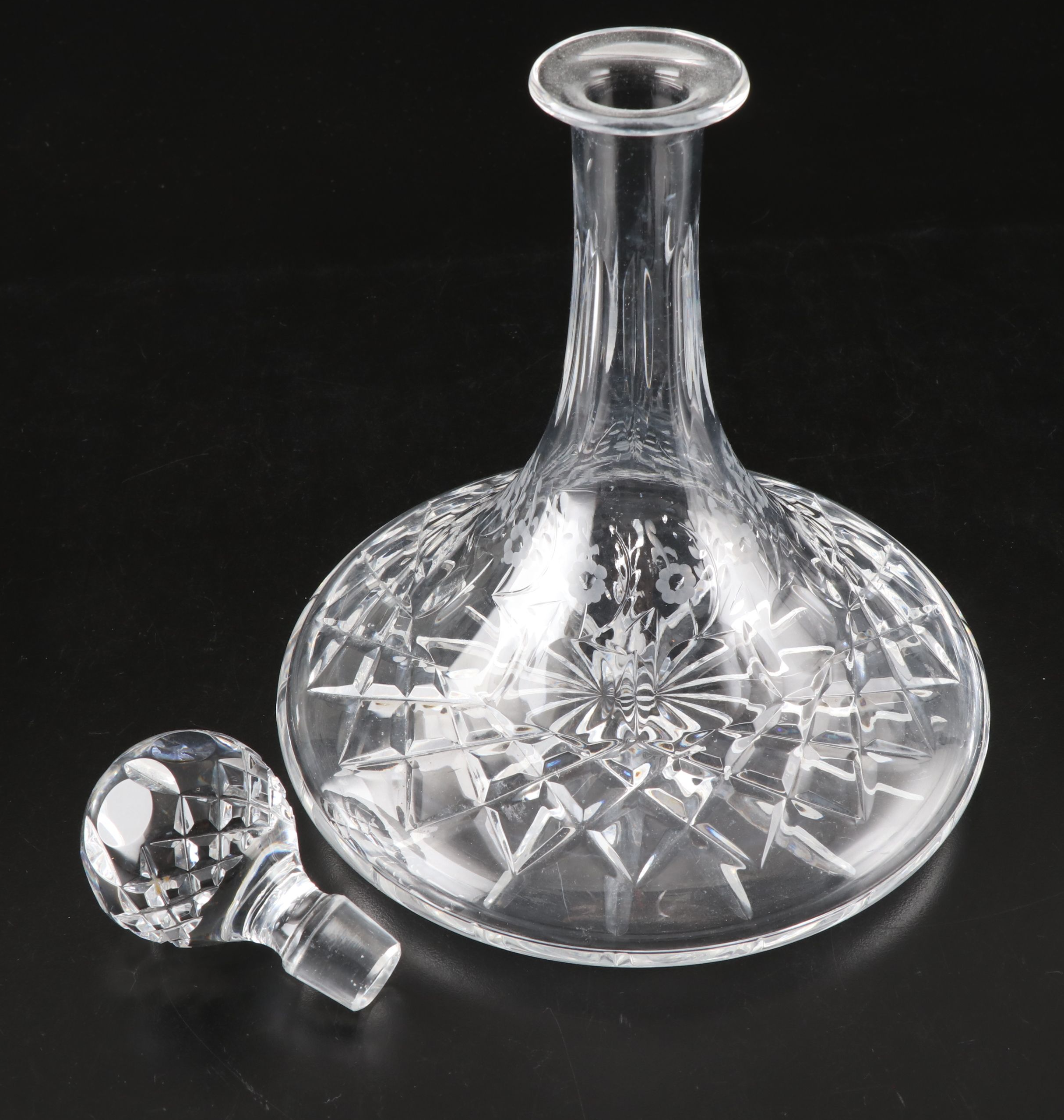 Crystal Ship's Decanter with Etched Flowers