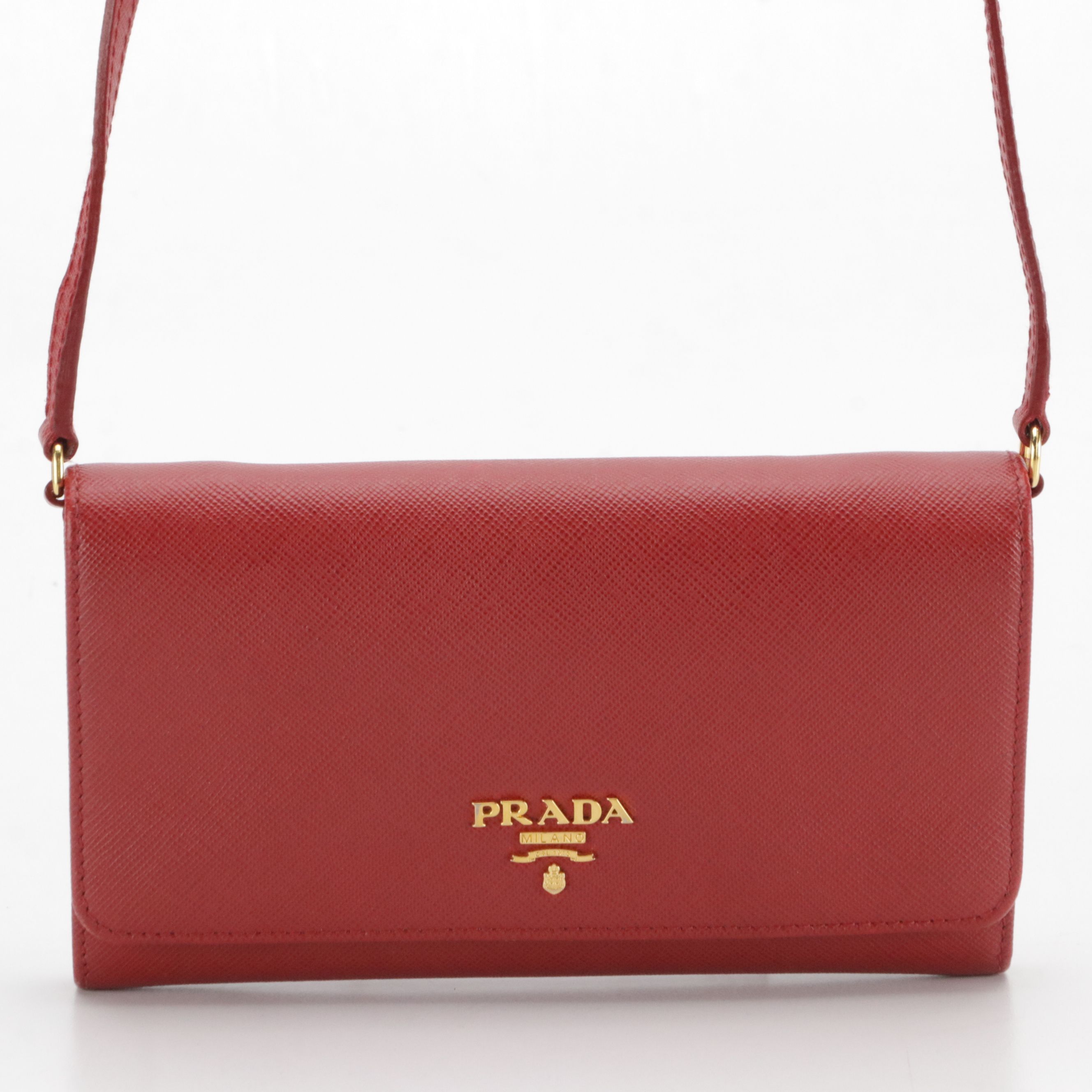 Prada Flap Wallet with Strap 1M1437 in Fuoco Saffiano Leather