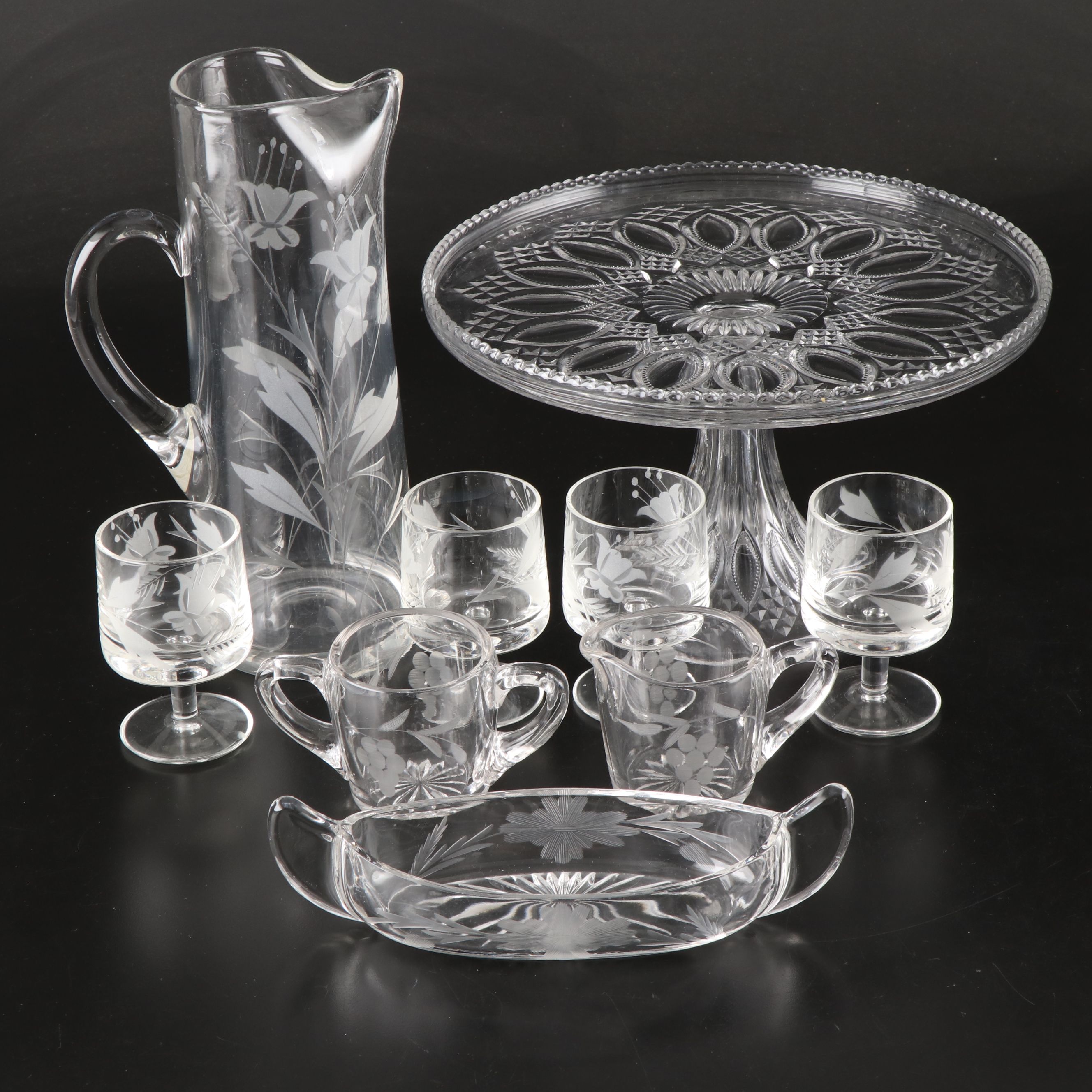 Floral Etched Pitcher, Molded Cake Tray, and More Glass Serveware