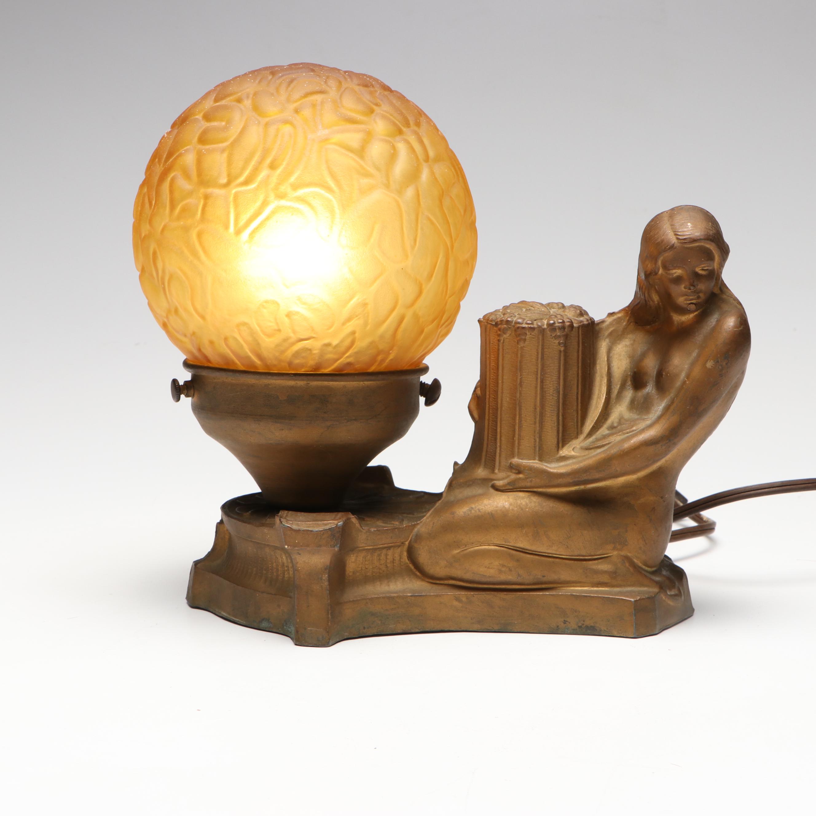 Art Deco Figural Cast Spelter Boudoir Lamp with Textured Amber Glass Shade