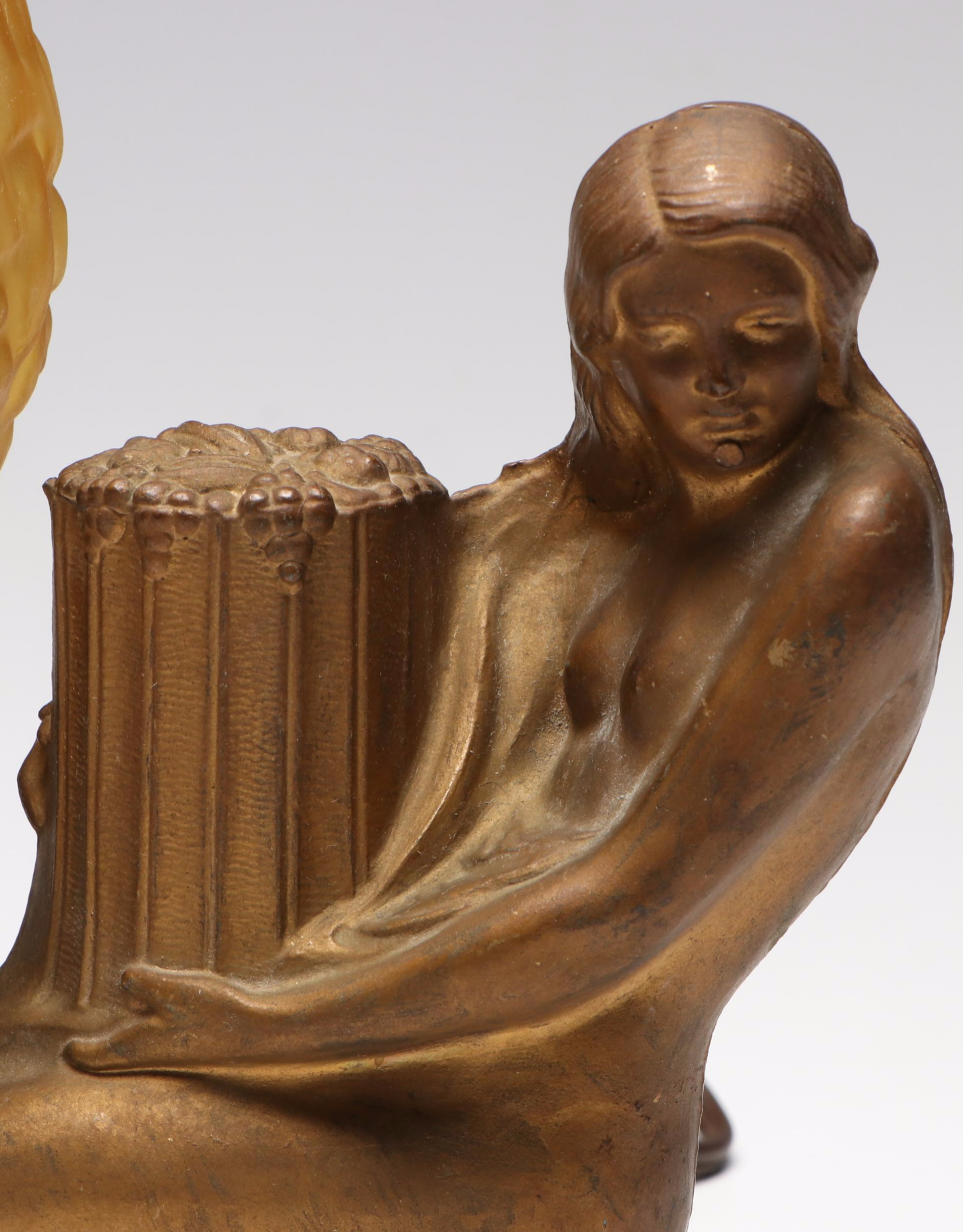 Art Deco Figural Cast Spelter Boudoir Lamp with Textured Amber Glass Shade