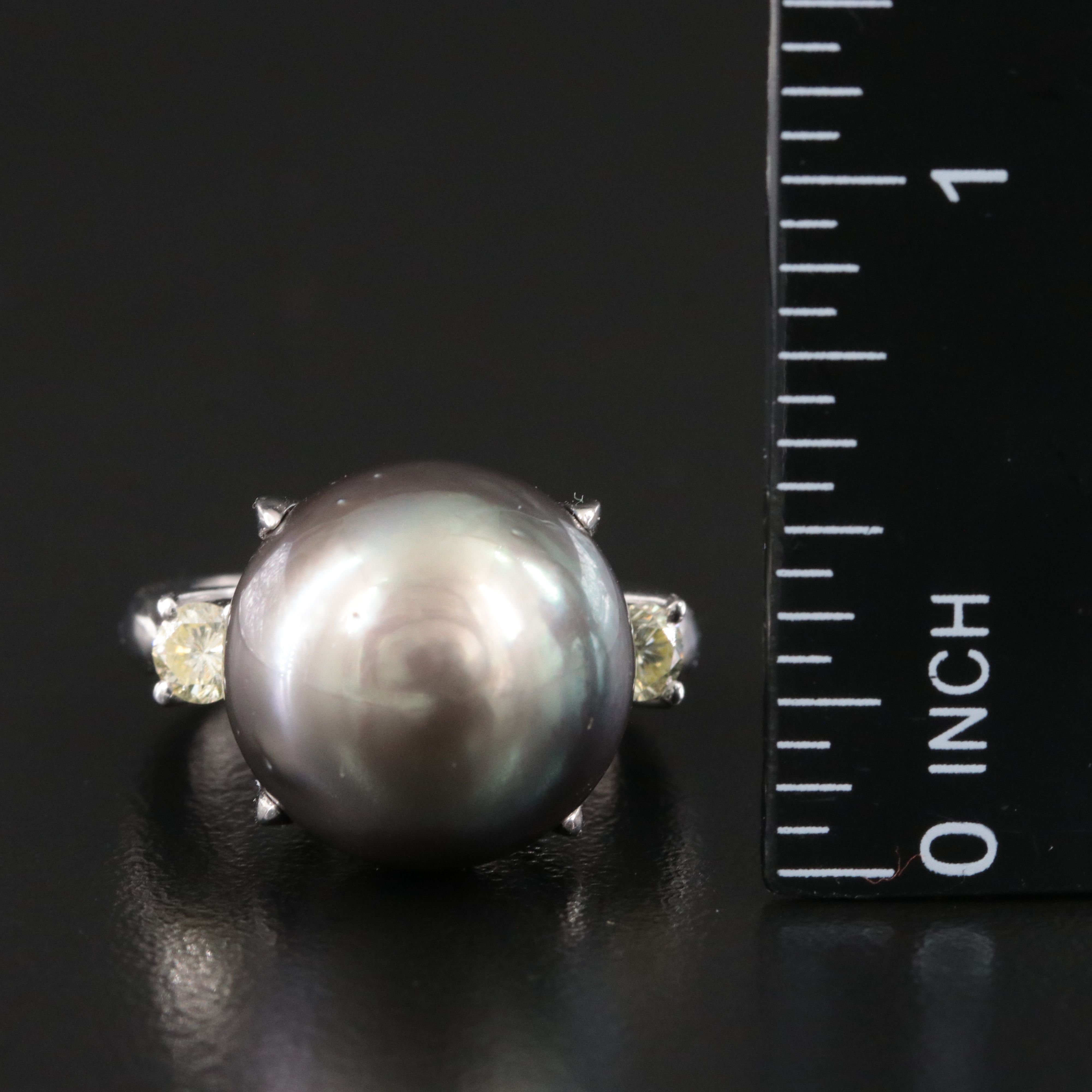 Platinum 15.10 MM Pearl and Fancy Light Yellow Diamond Ring