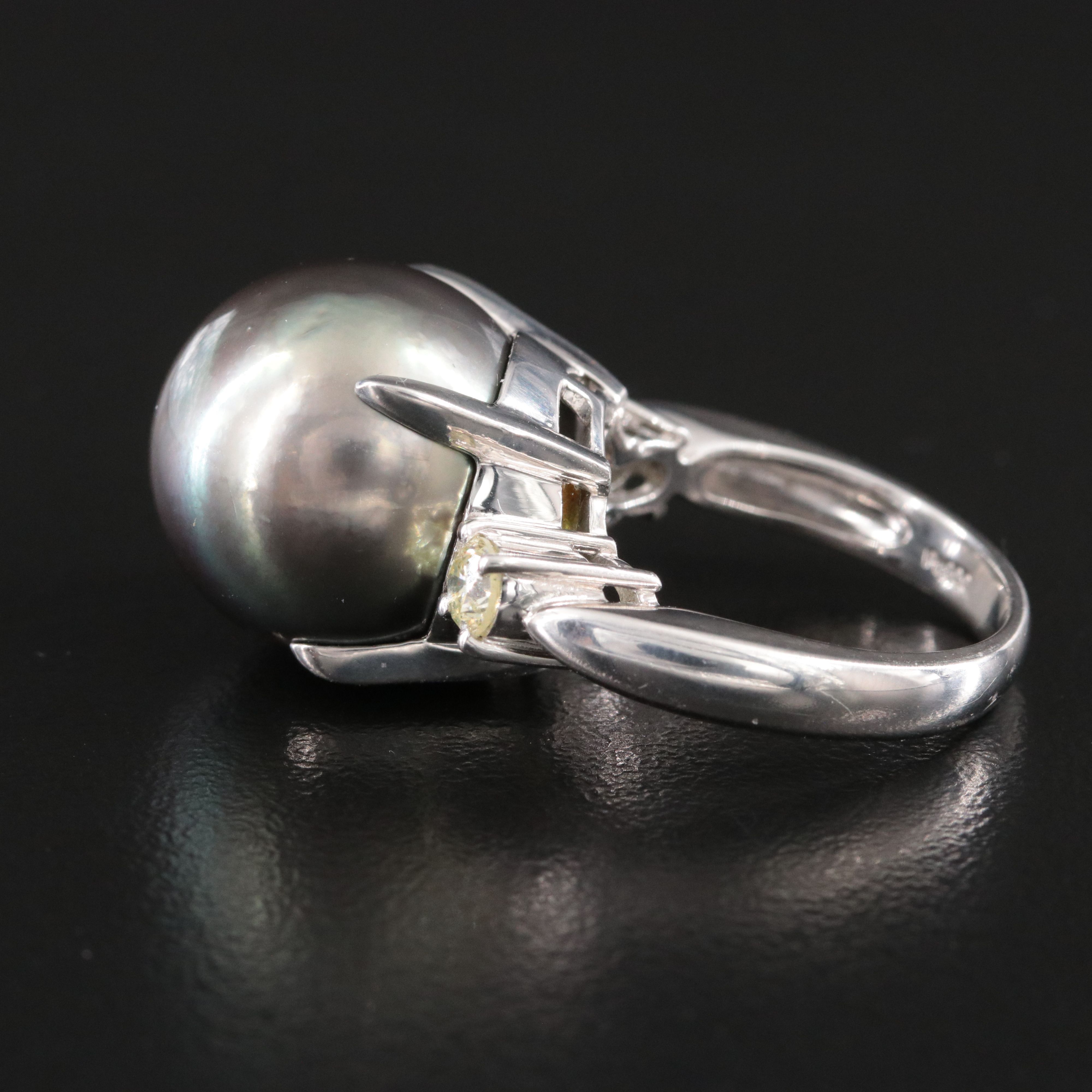 Platinum 15.10 MM Pearl and Fancy Light Yellow Diamond Ring