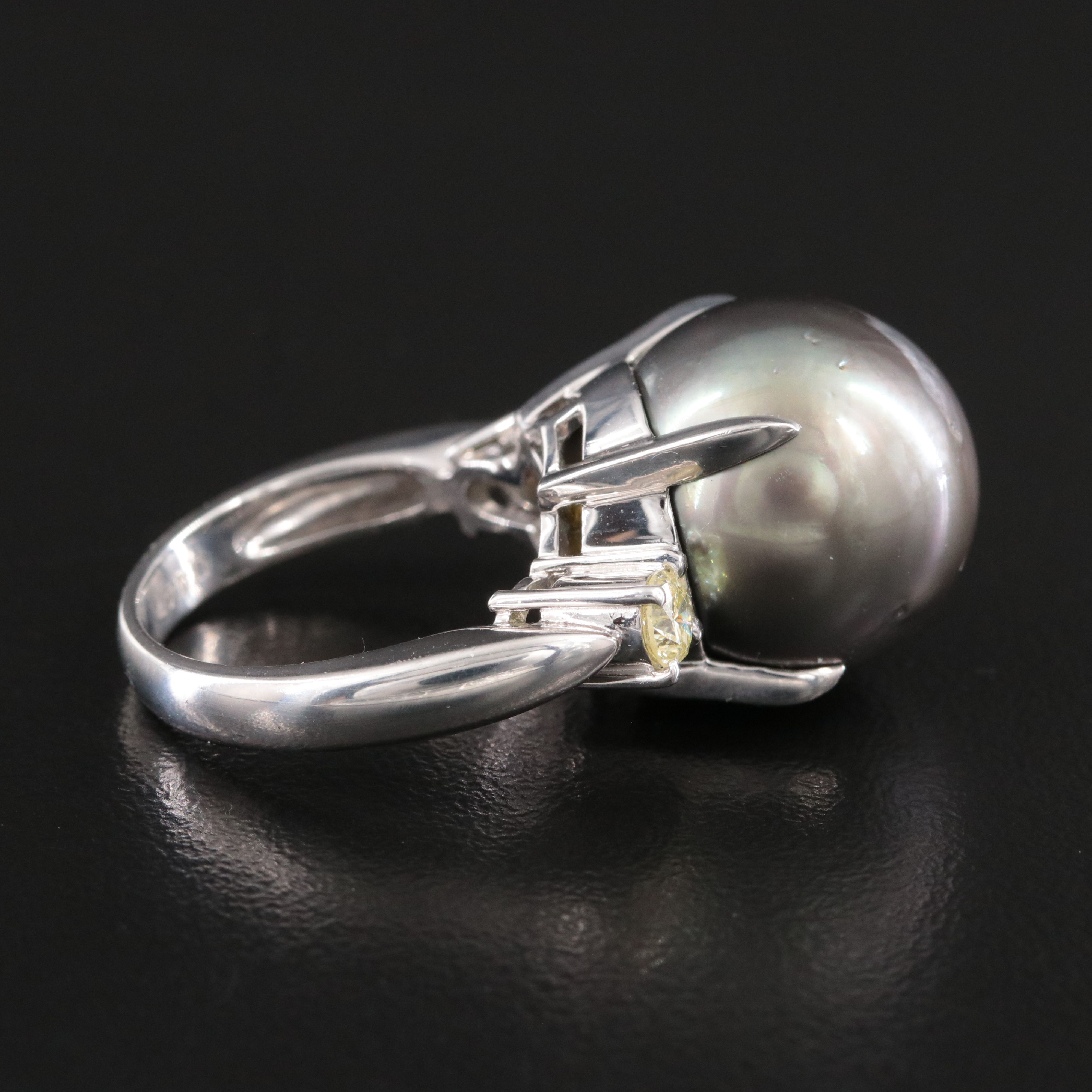 Platinum 15.10 MM Pearl and Fancy Light Yellow Diamond Ring
