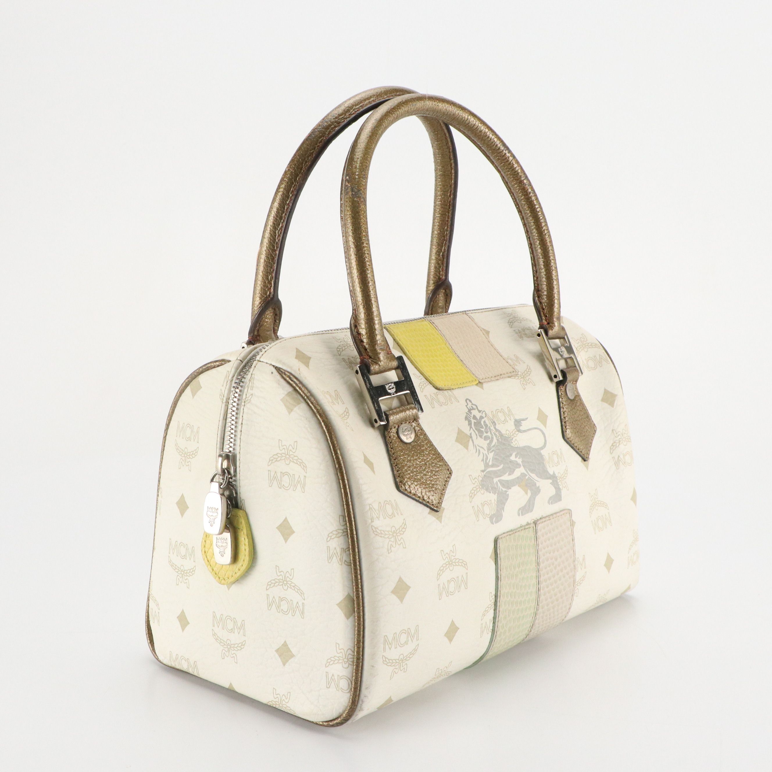 MCM Boston Bag in Princess Lion Print Visetos Canvas and Metallic Leather