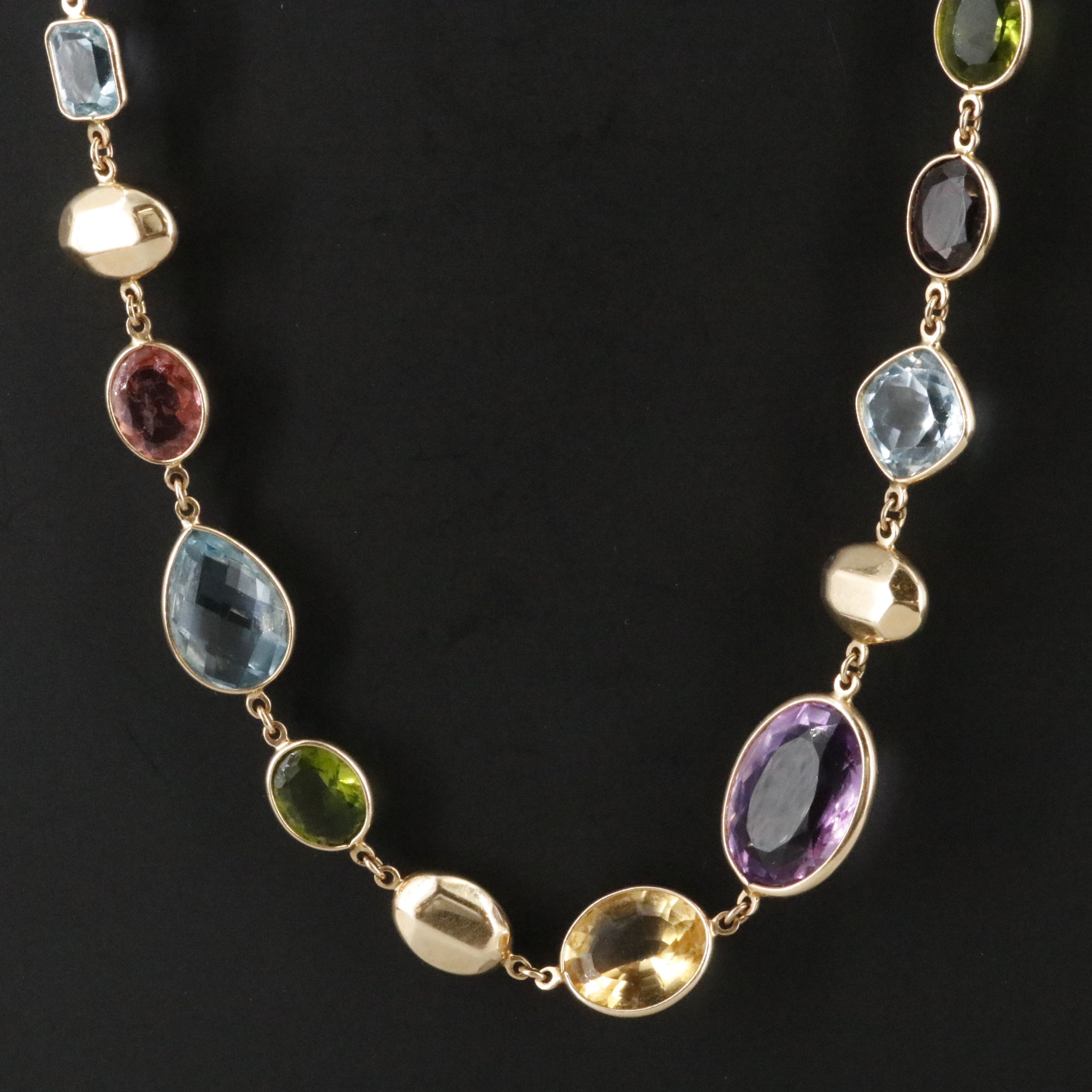 14K Multi-Gemstone Necklace Including Amethyst, Blue Topaz, and Citrine
