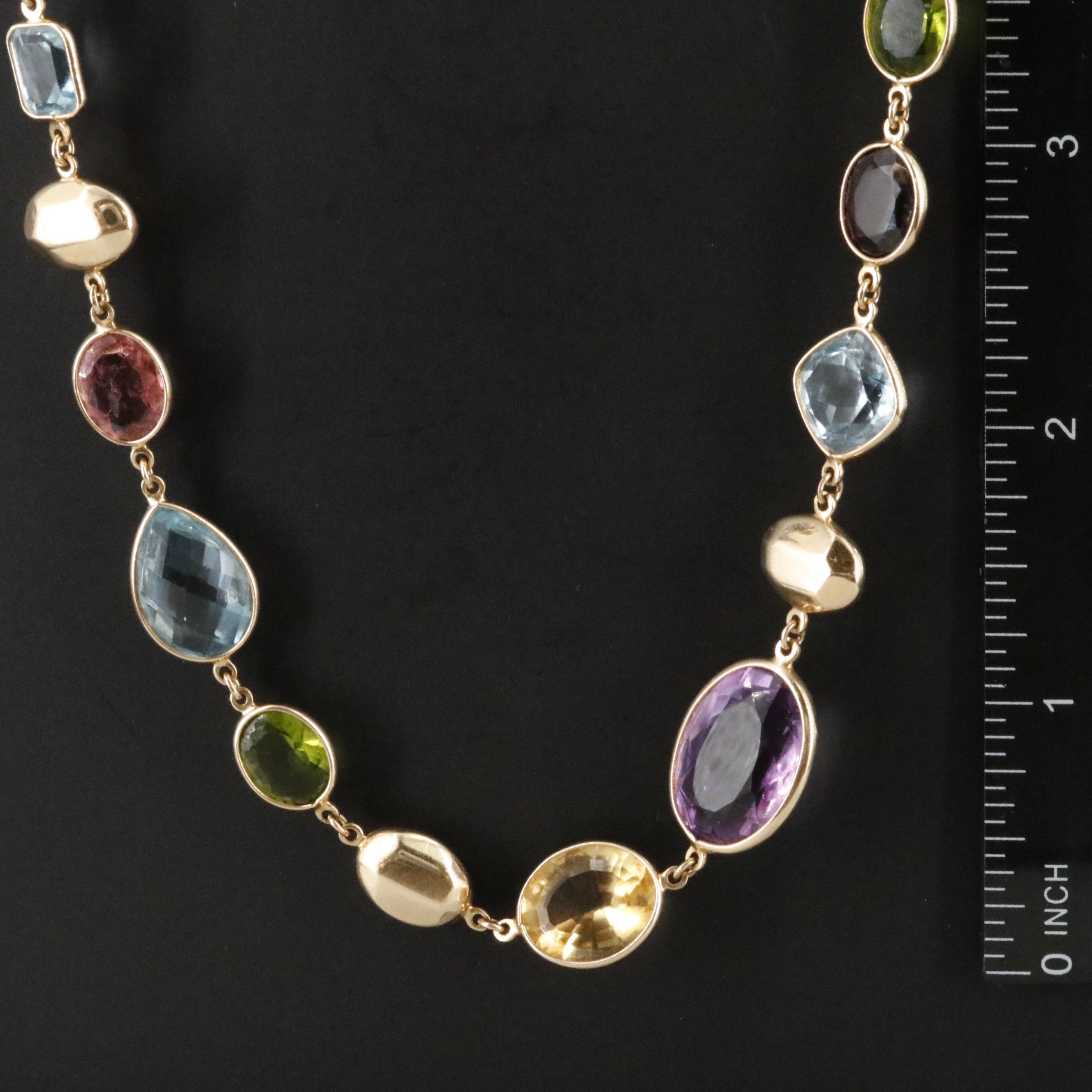 14K Multi-Gemstone Necklace Including Amethyst, Blue Topaz, and Citrine