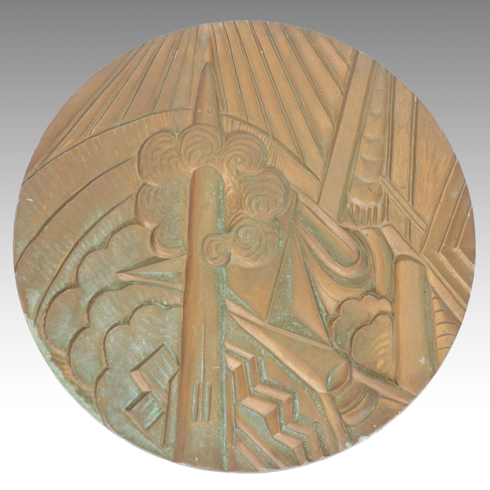 Martin Tischler Art-Deco Style Space Scene on Bronze Plaque, 1959