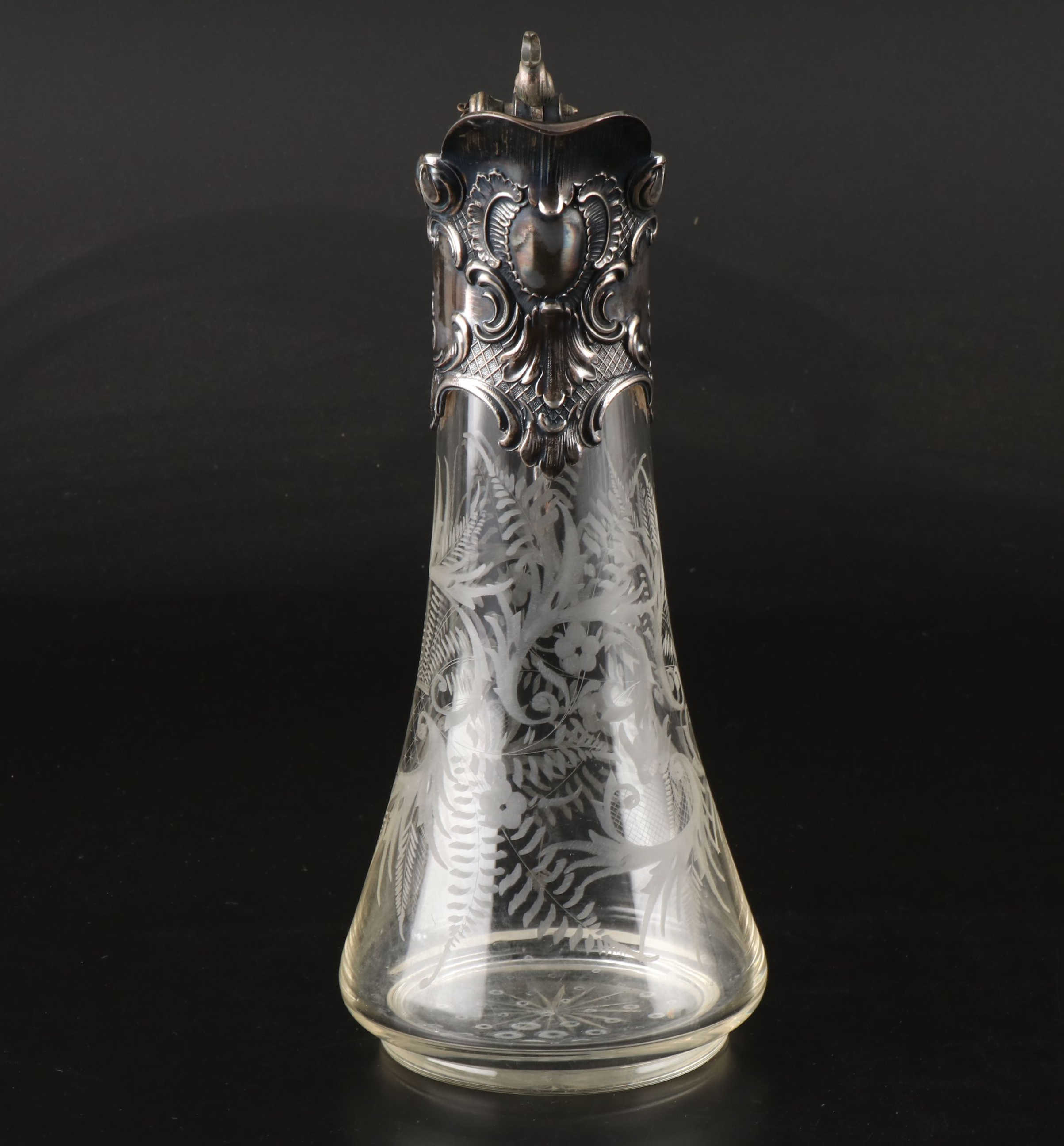 Repoussé Silver Plate and Etched Glass Pitcher