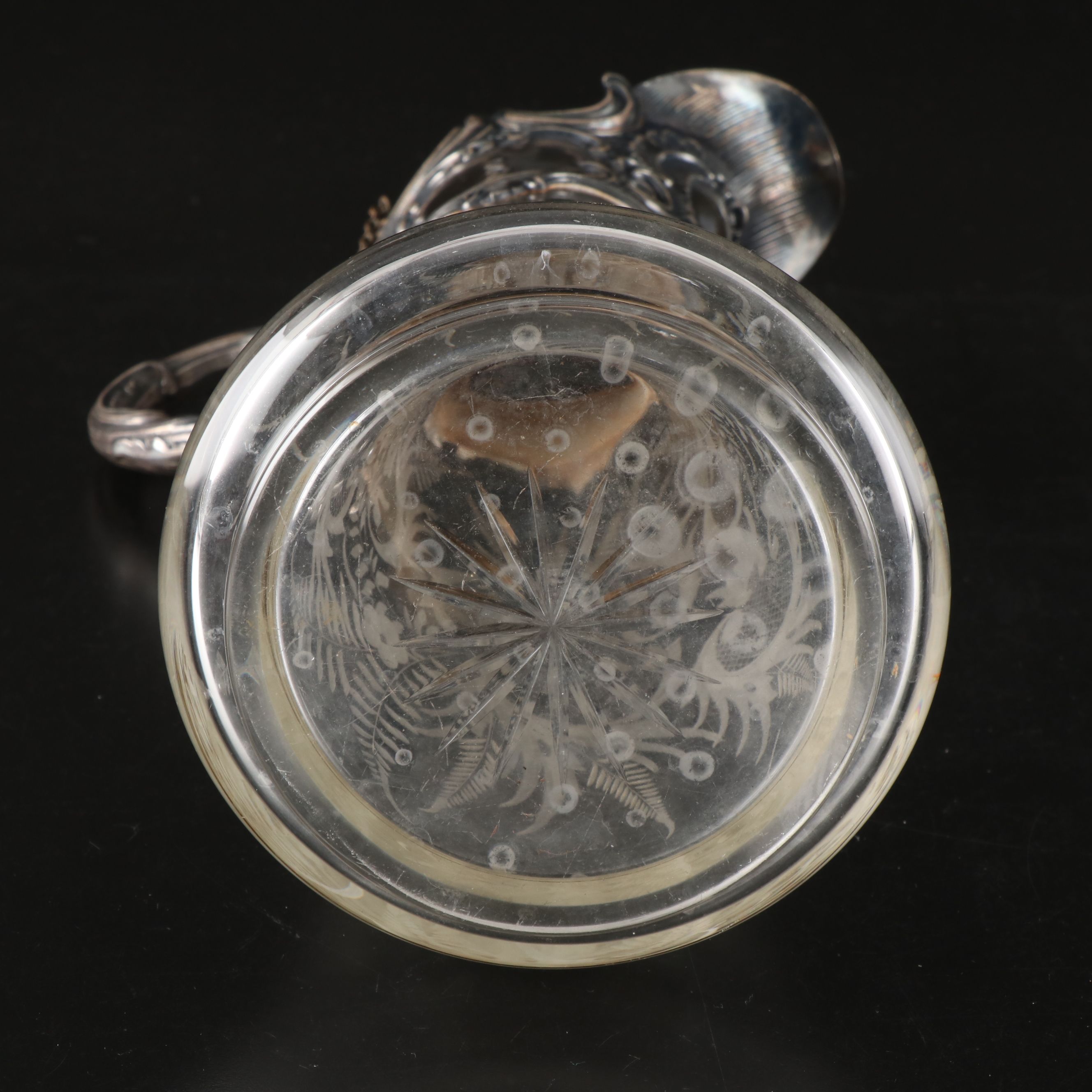 Repoussé Silver Plate and Etched Glass Pitcher