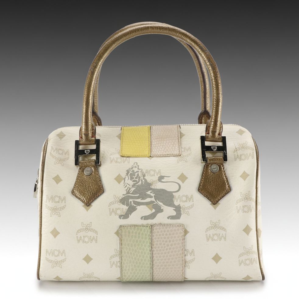 MCM Boston Bag in Princess Lion Print Visetos Canvas and Metallic Leather