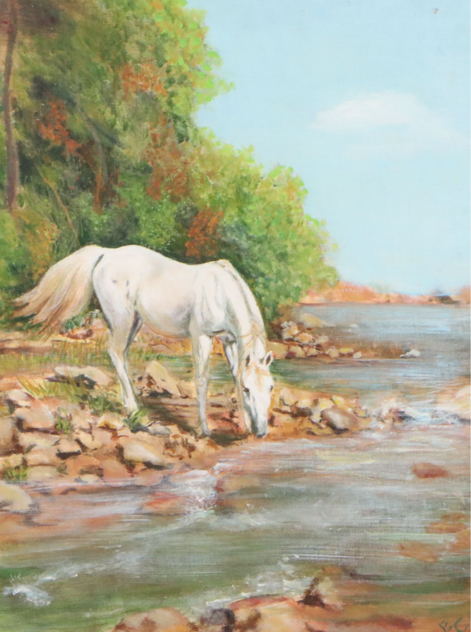 Oil Painting of Landscape with Drinking Horse