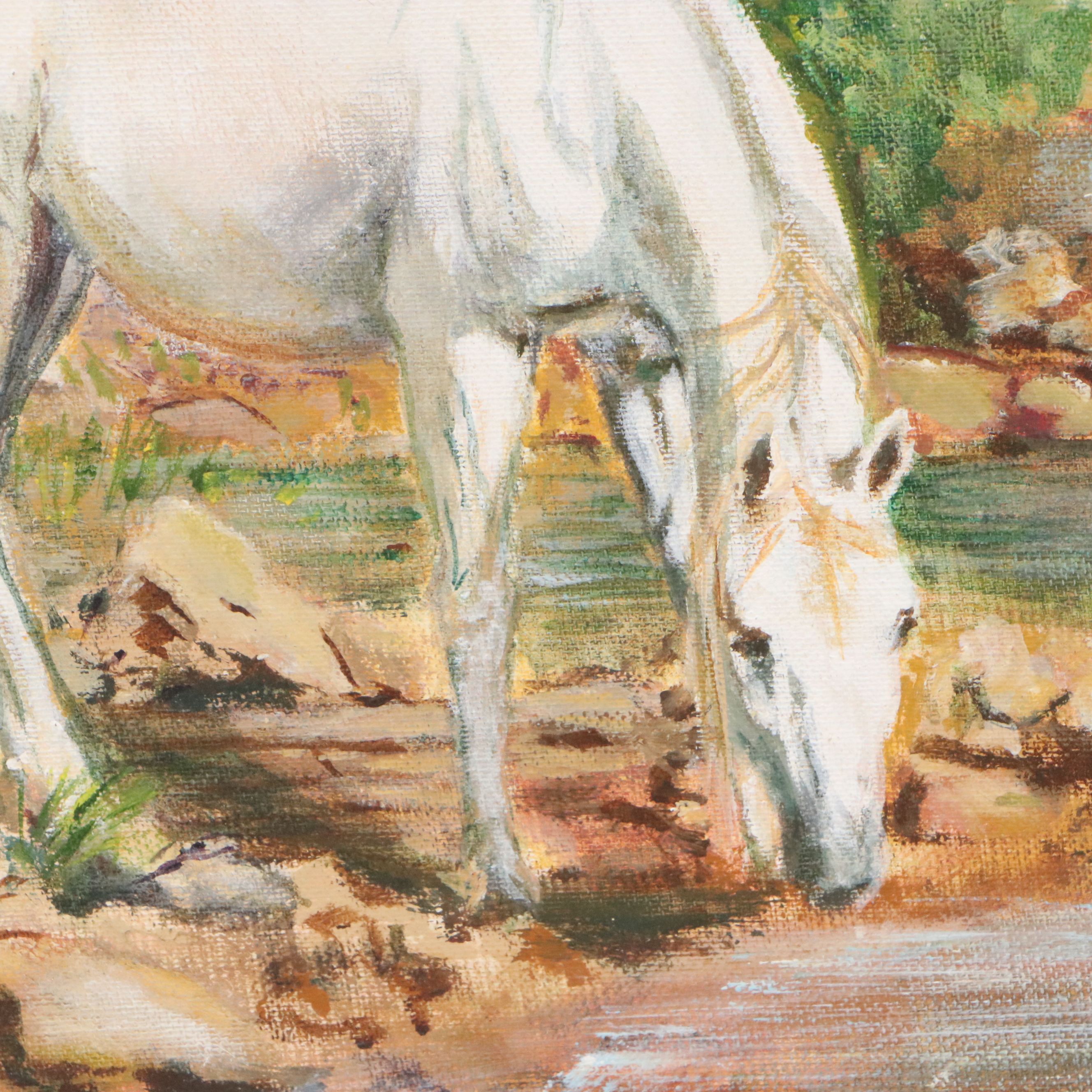Oil Painting of Landscape with Drinking Horse