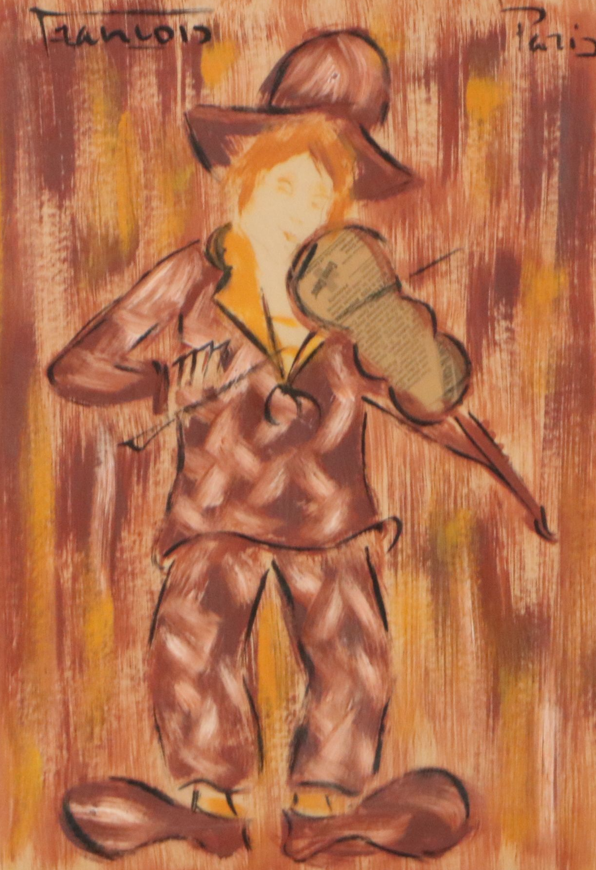 Belle Époque Style Mixed Media Painting with Oil and Collage