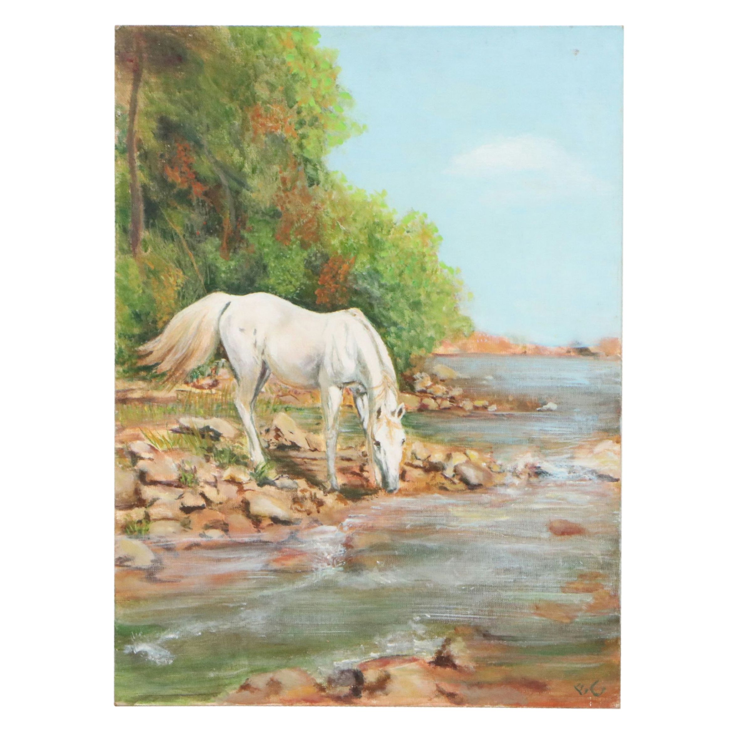 Oil Painting of Landscape with Drinking Horse