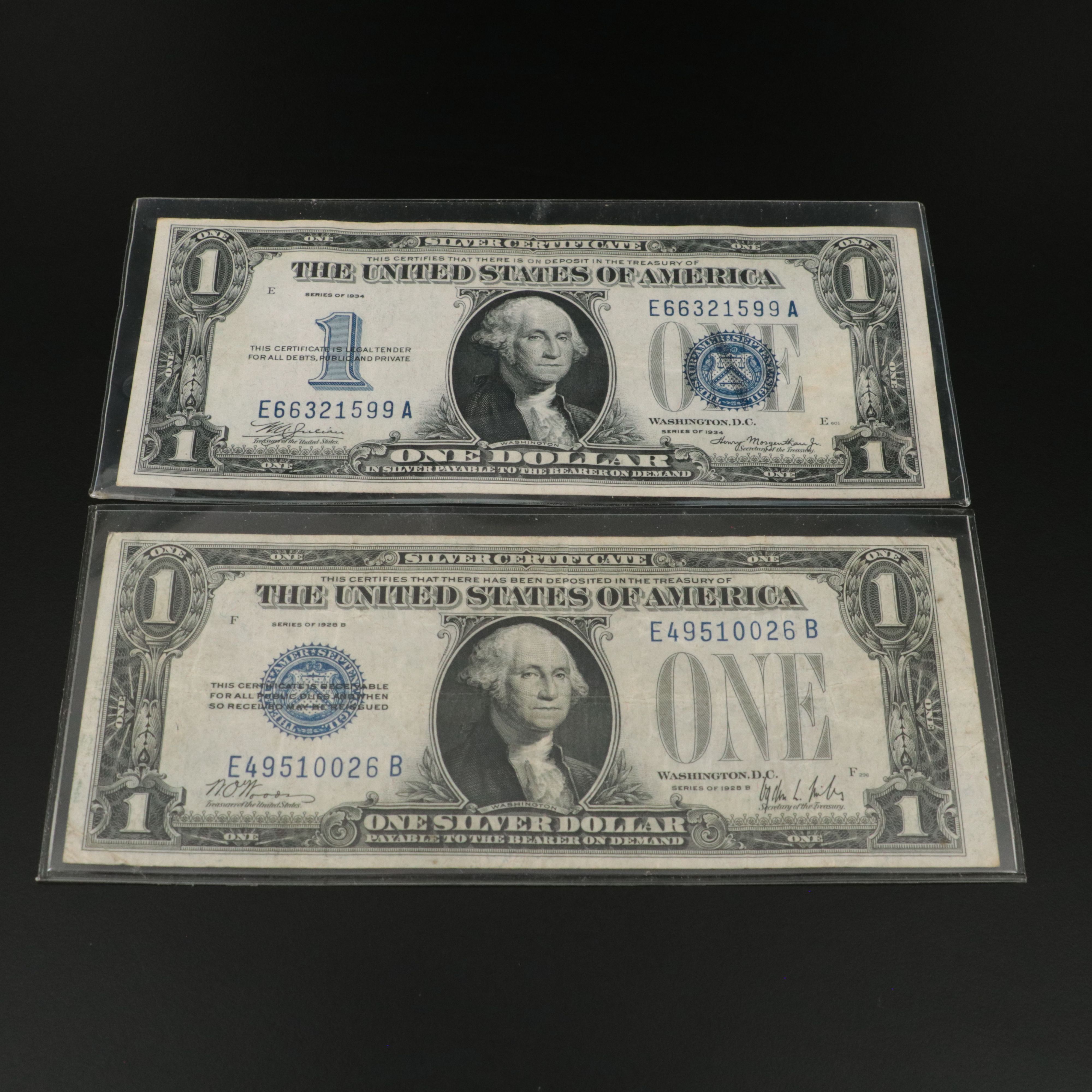 4 One Dollar Funny Back Notes and a 1928 One Dollar Legal Tender Note