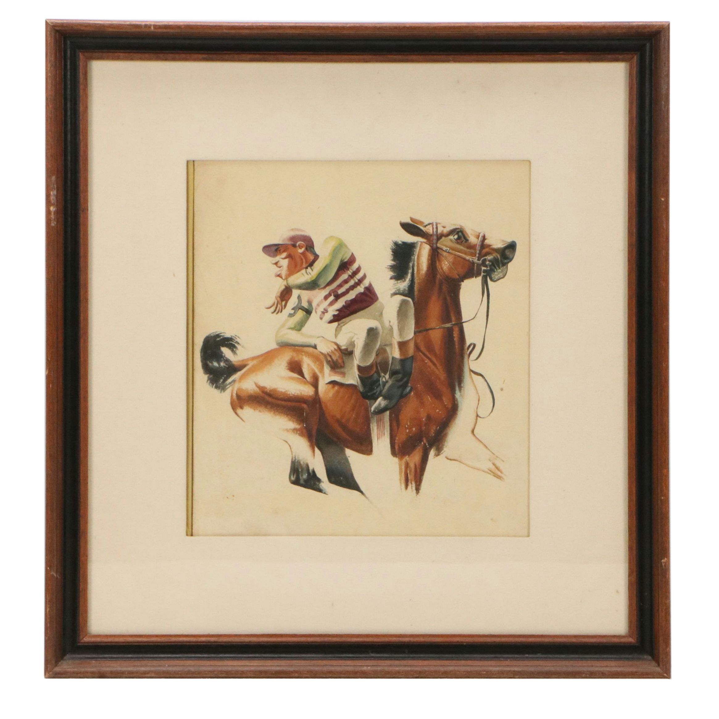 Caricature Style Horse and Jockey Watercolor Illustration