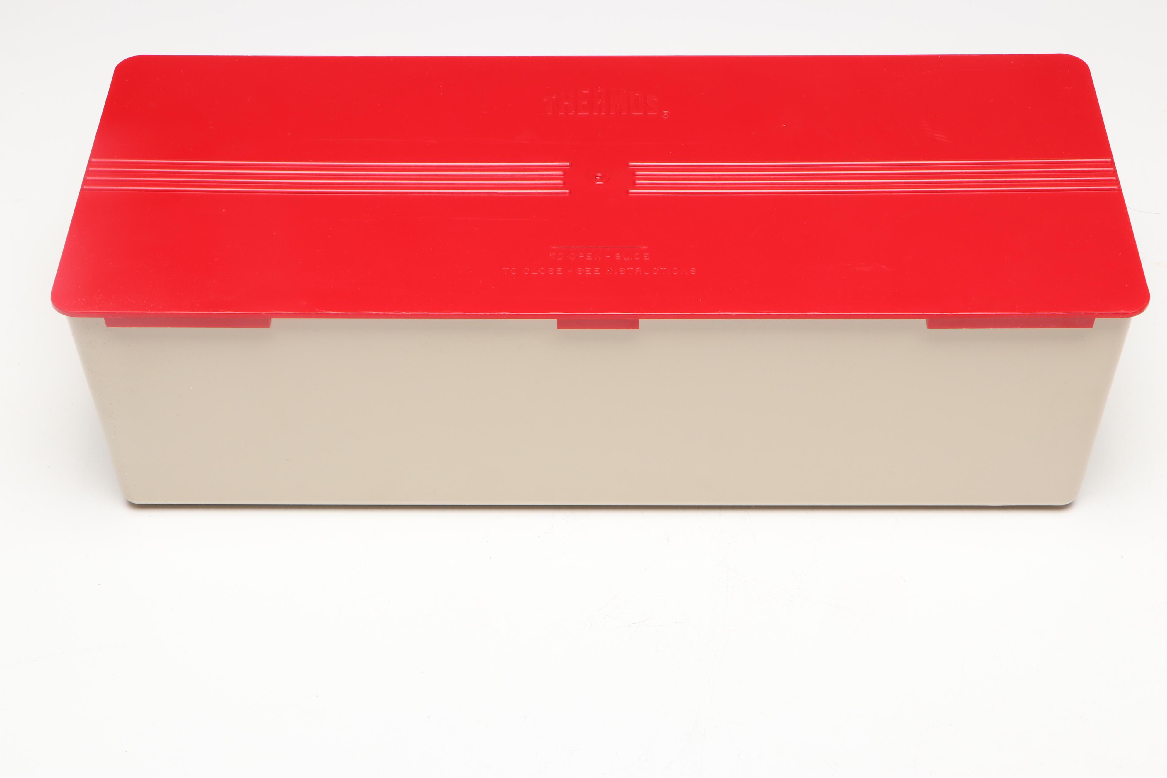 Thermos Picnic Set with Faux Leather Handled Bag, Late 20th Century