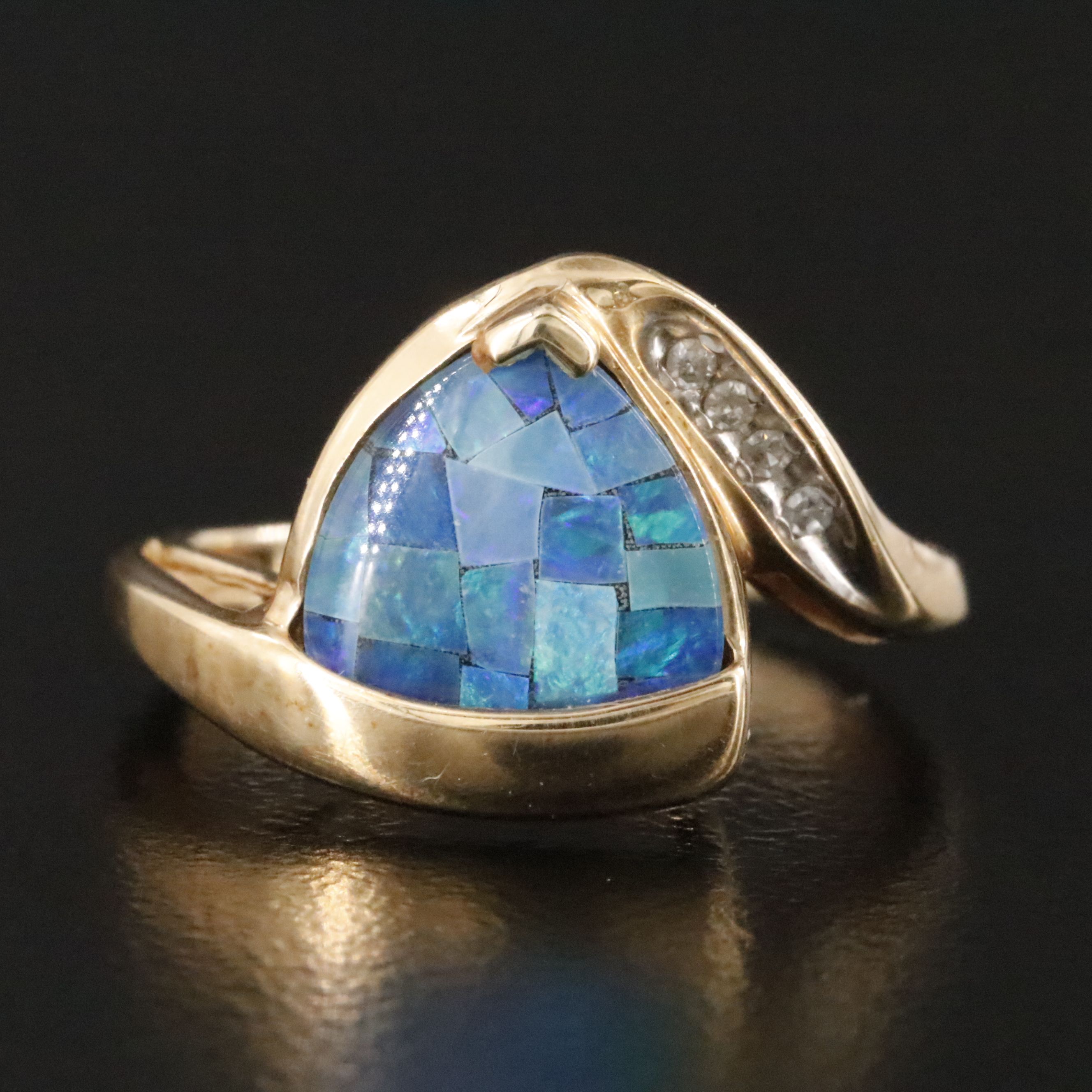 10K Opal Mosaic Triplet and Diamond Ring