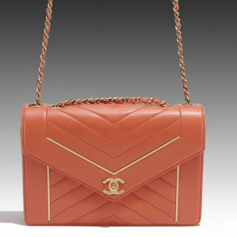 Chanel Envelope Flap Chain Strap Bag in Orange Chevron Quilted Lambskin Leather