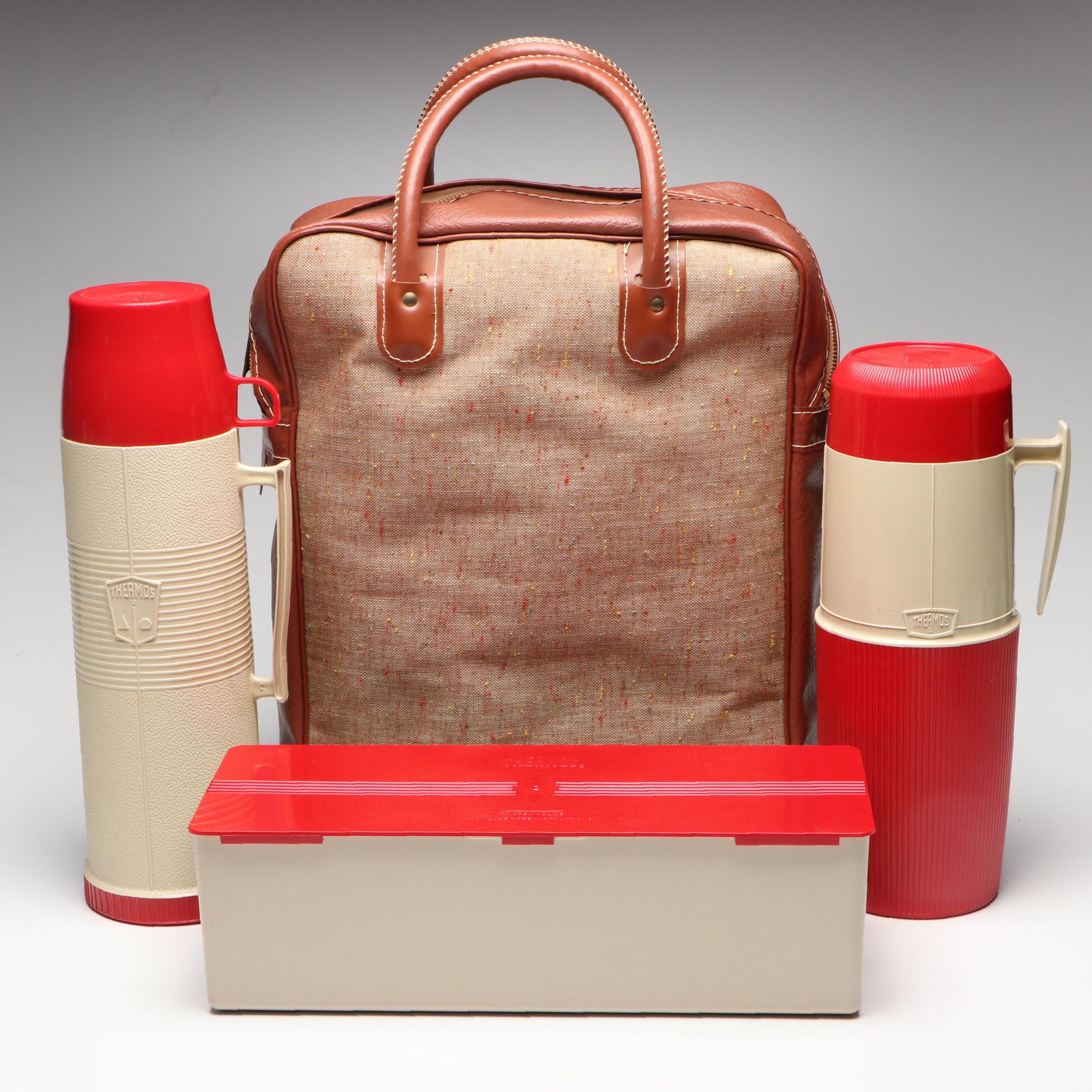 Thermos Picnic Set with Faux Leather Handled Bag, Late 20th Century