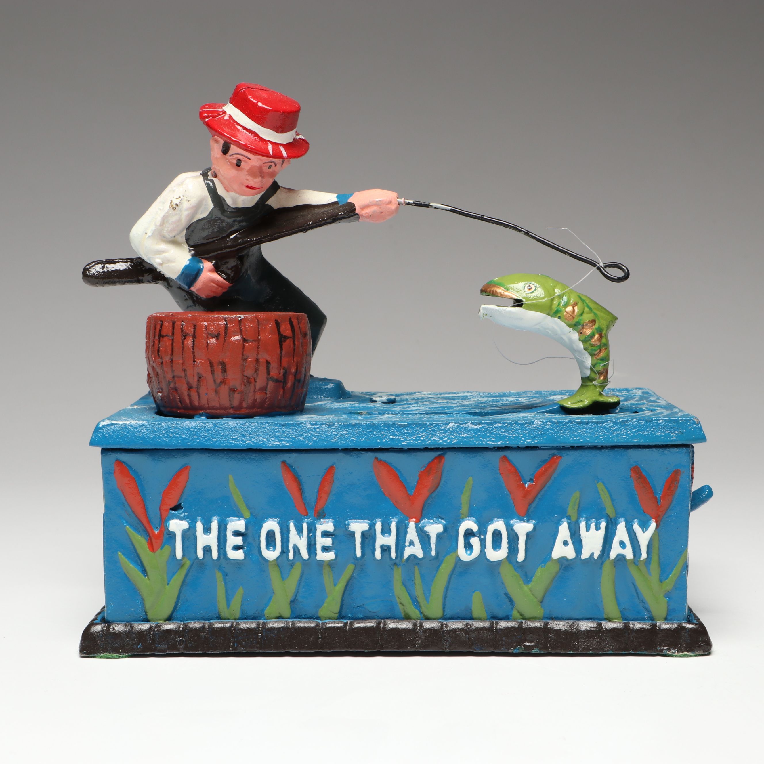 Reproduction Cold-Painted Cast Iron Uncle Sam, Golfer and Fishing Coin Banks