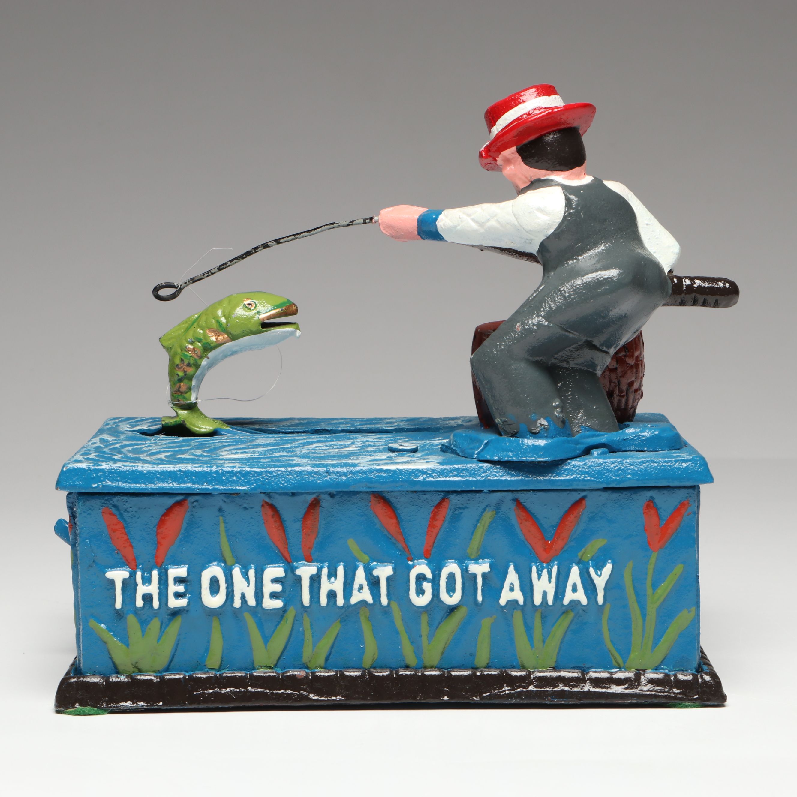 Reproduction Cold-Painted Cast Iron Uncle Sam, Golfer and Fishing Coin Banks