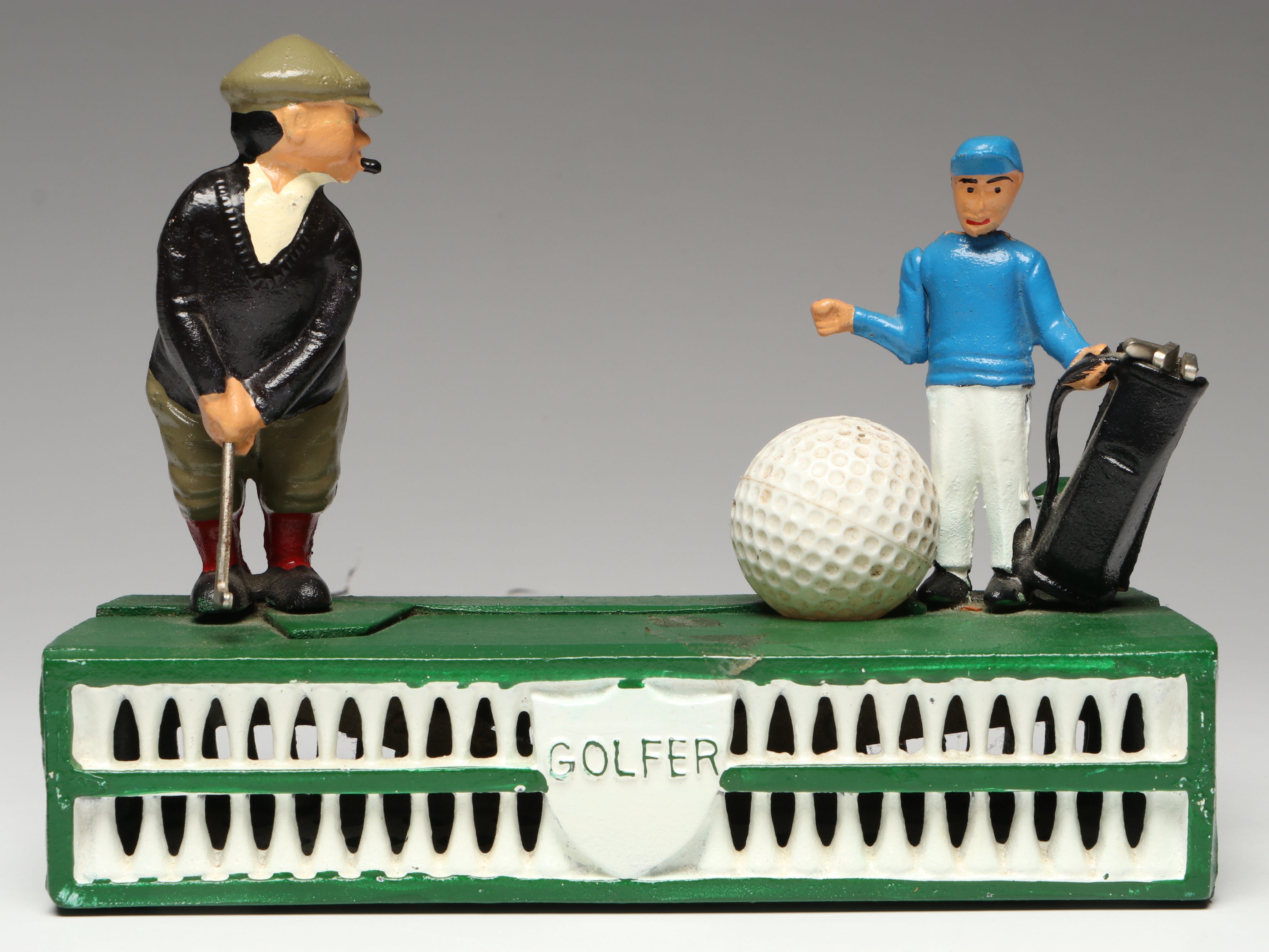 Reproduction Cold-Painted Cast Iron Uncle Sam, Golfer and Fishing Coin Banks
