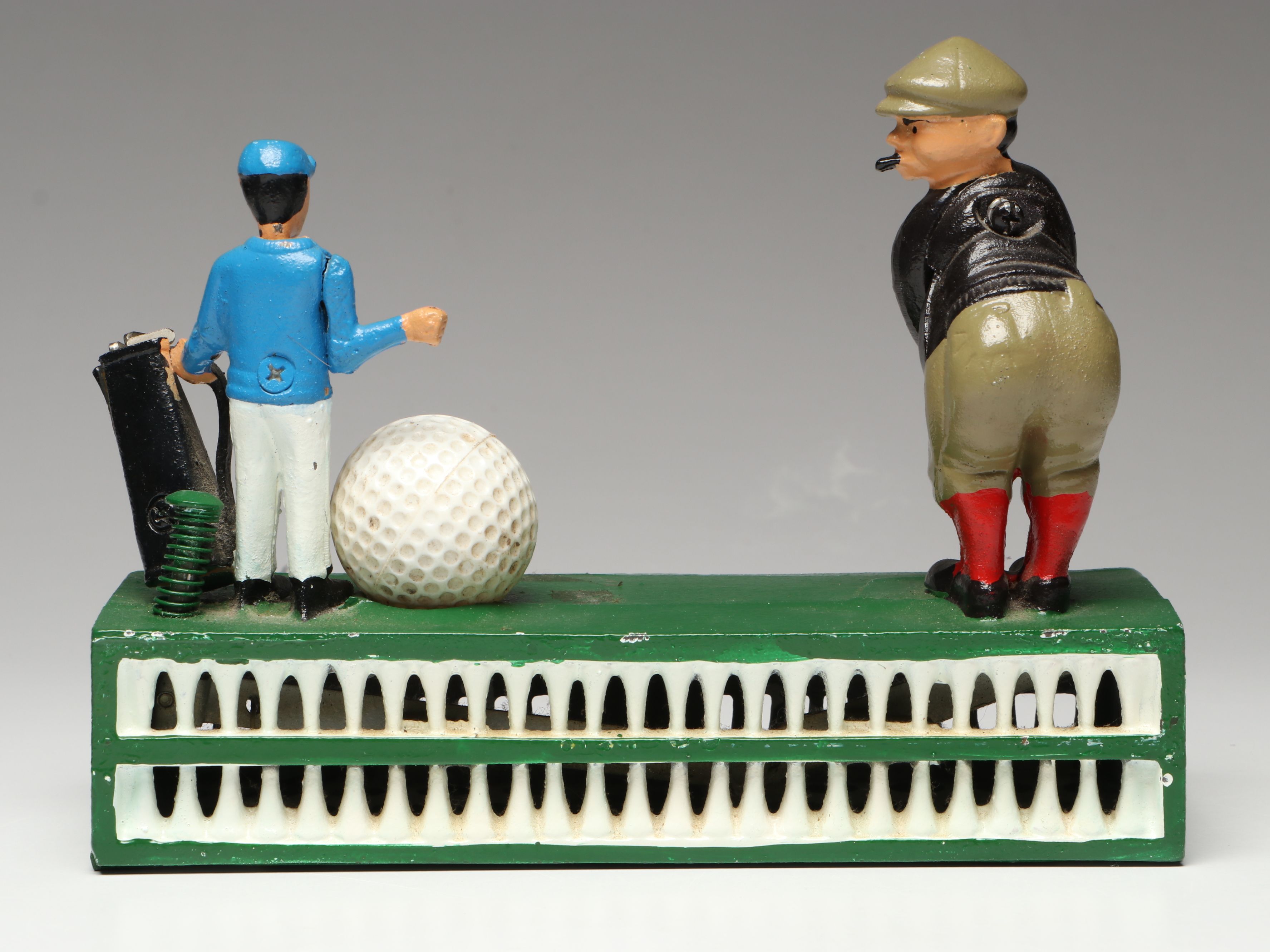 Reproduction Cold-Painted Cast Iron Uncle Sam, Golfer and Fishing Coin Banks