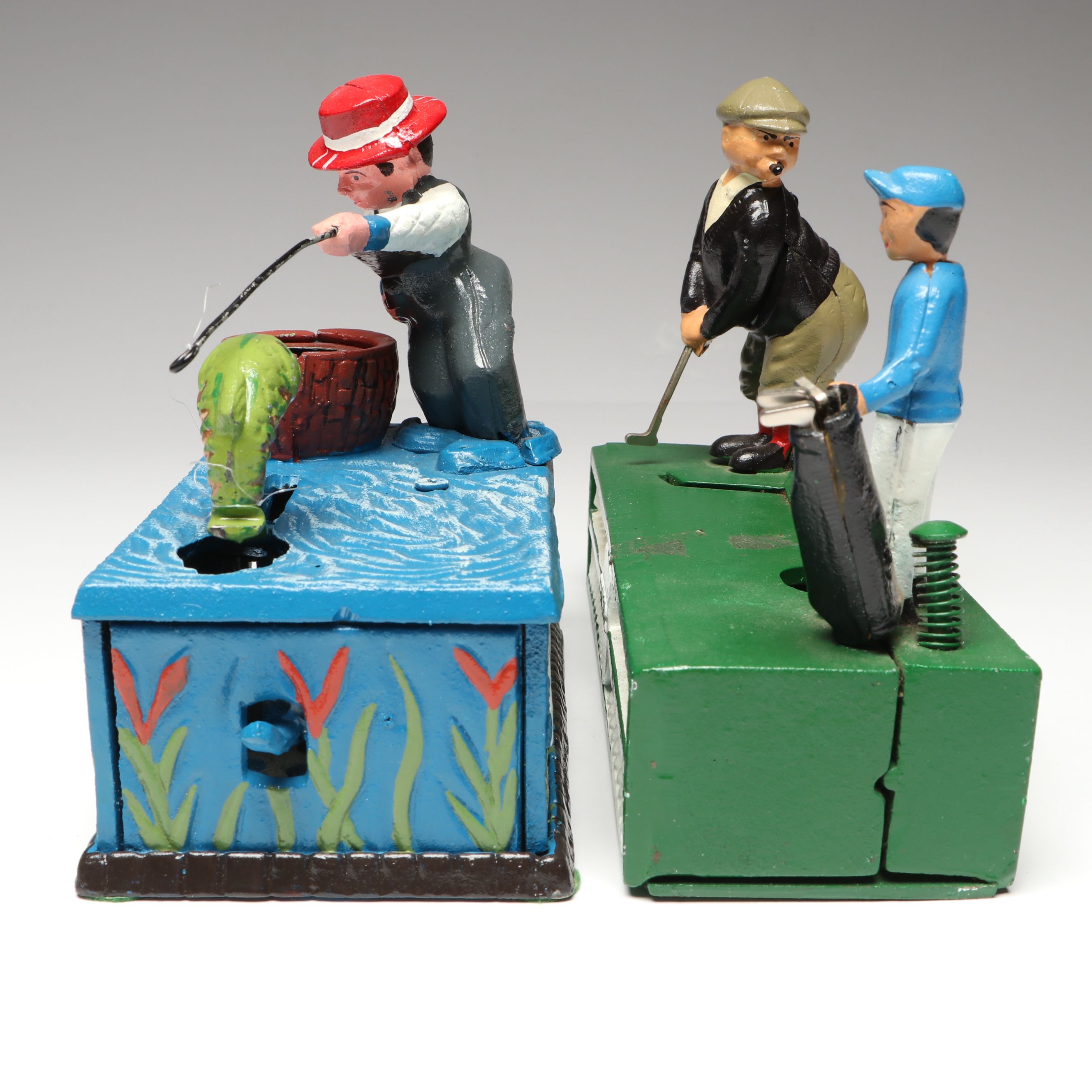 Reproduction Cold-Painted Cast Iron Uncle Sam, Golfer and Fishing Coin Banks