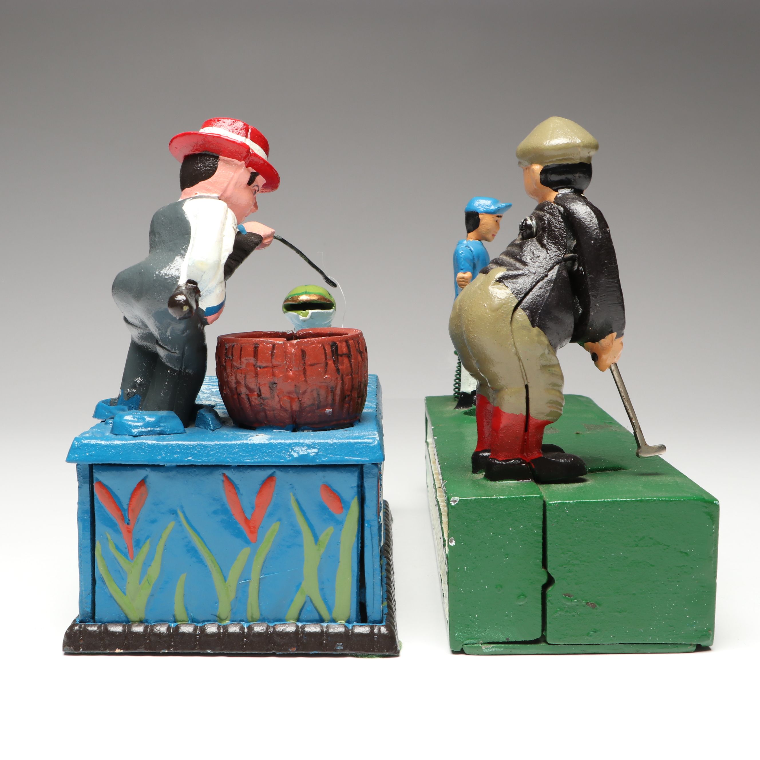 Reproduction Cold-Painted Cast Iron Uncle Sam, Golfer and Fishing Coin Banks