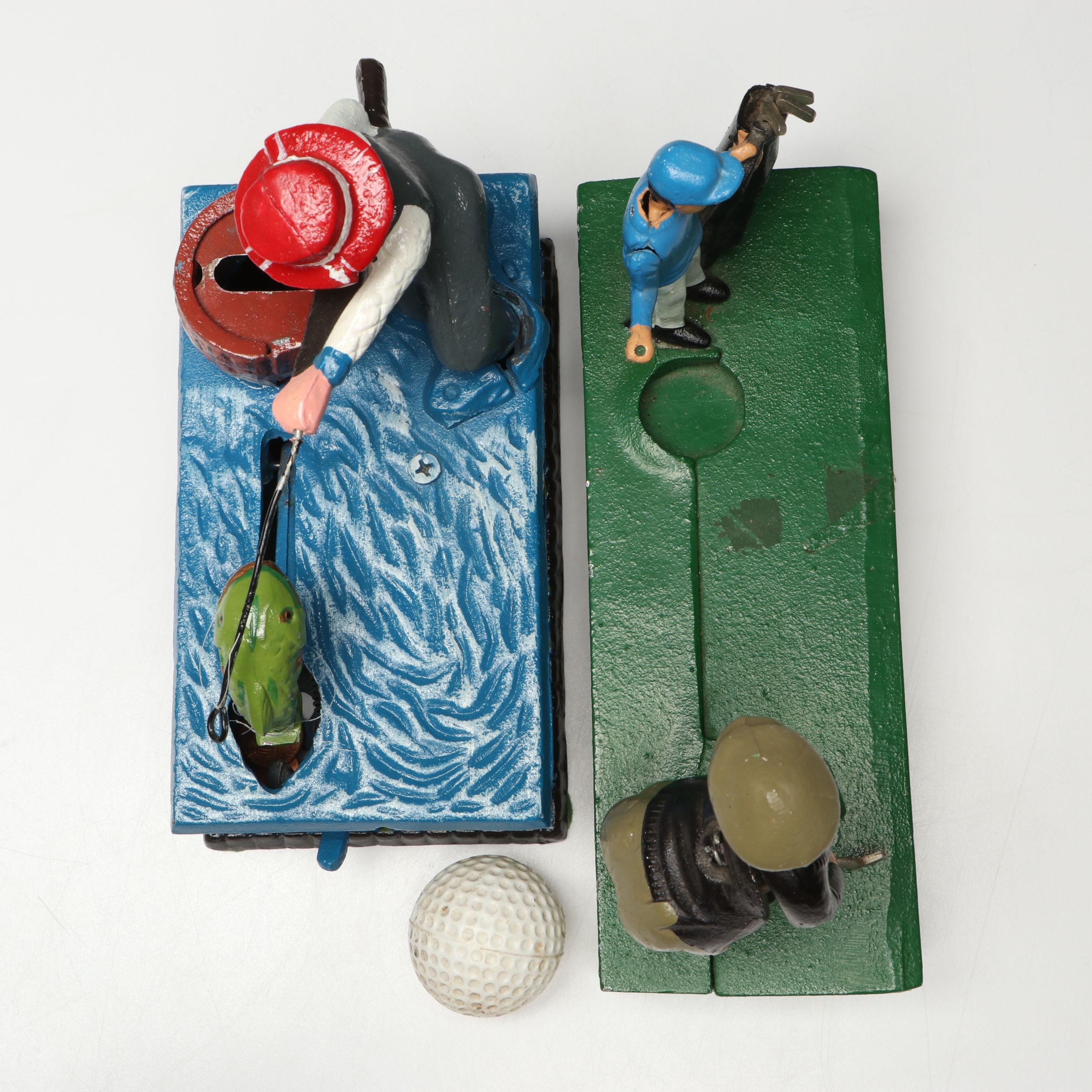 Reproduction Cold-Painted Cast Iron Uncle Sam, Golfer and Fishing Coin Banks