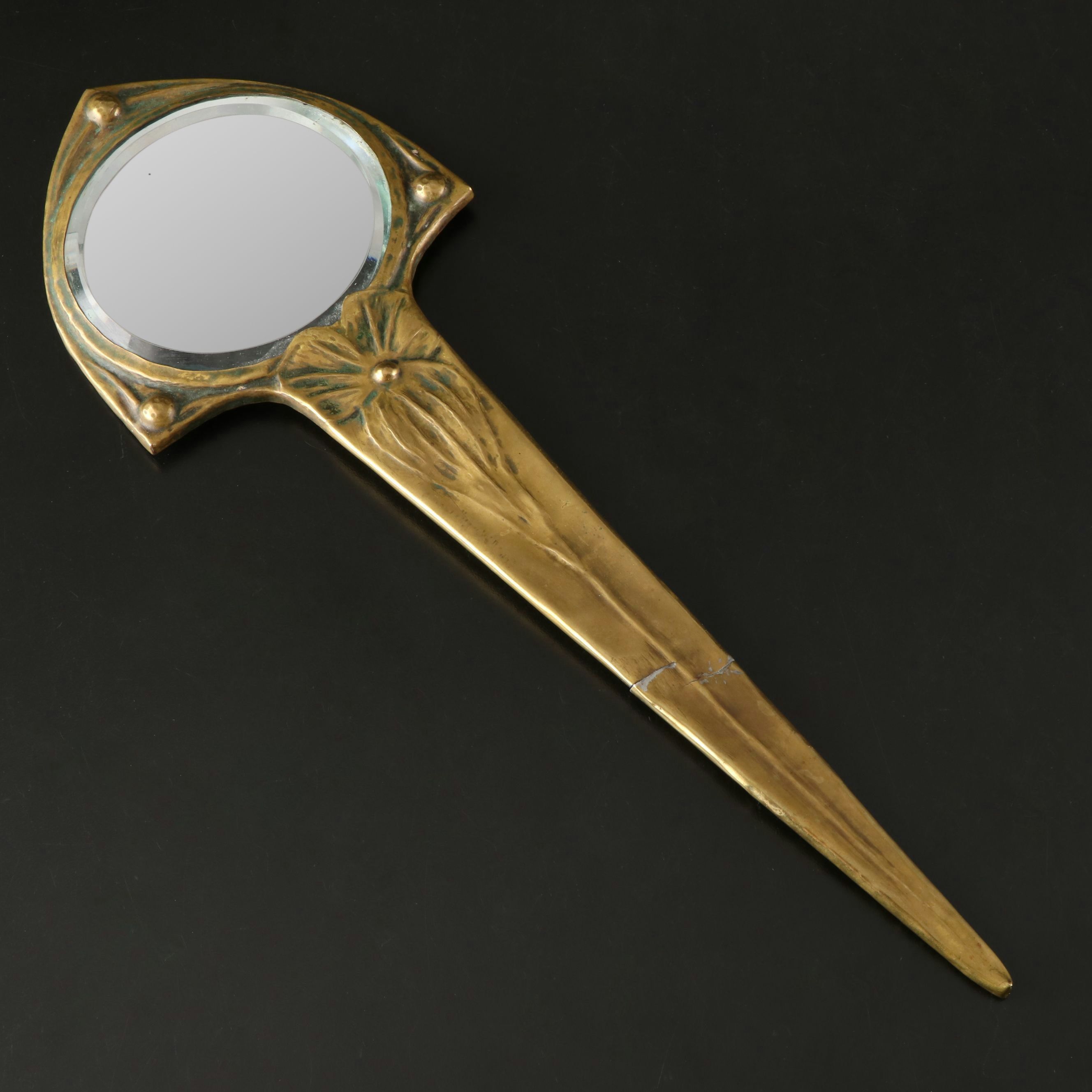 Art Nouveau Patinated Brass Hand Mirror, Early 20th Century