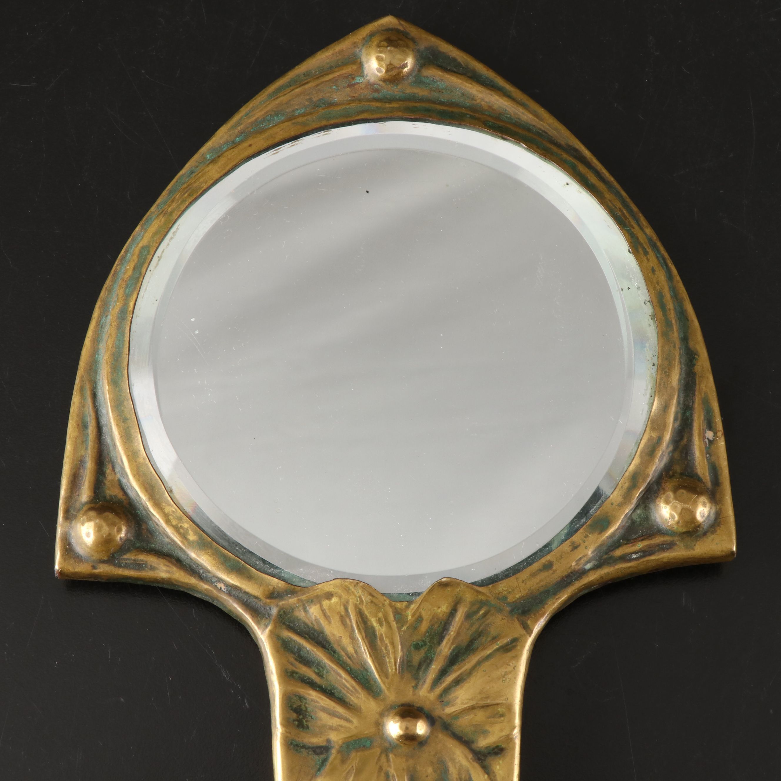 Art Nouveau Patinated Brass Hand Mirror, Early 20th Century