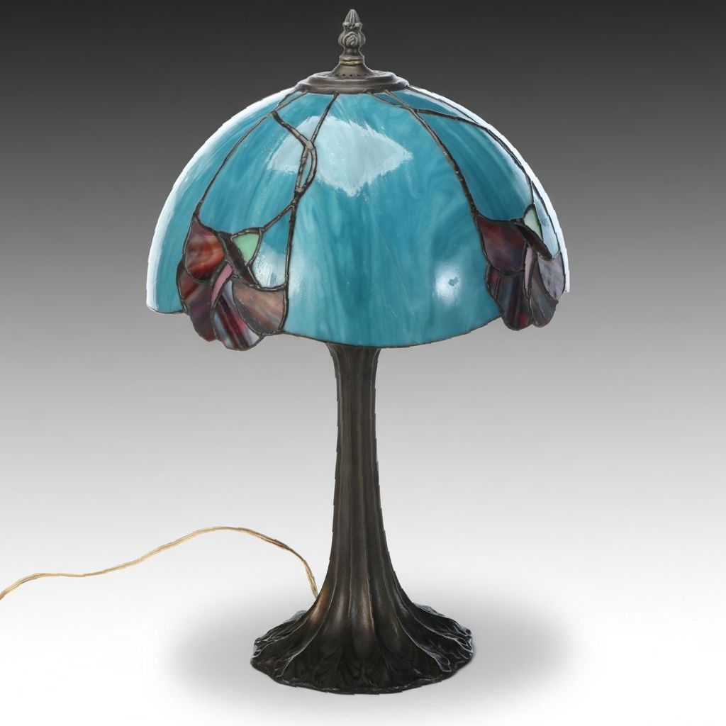 Art Nouveau Table Lamp with Turquoise Bent Panel Slag Glass Shade