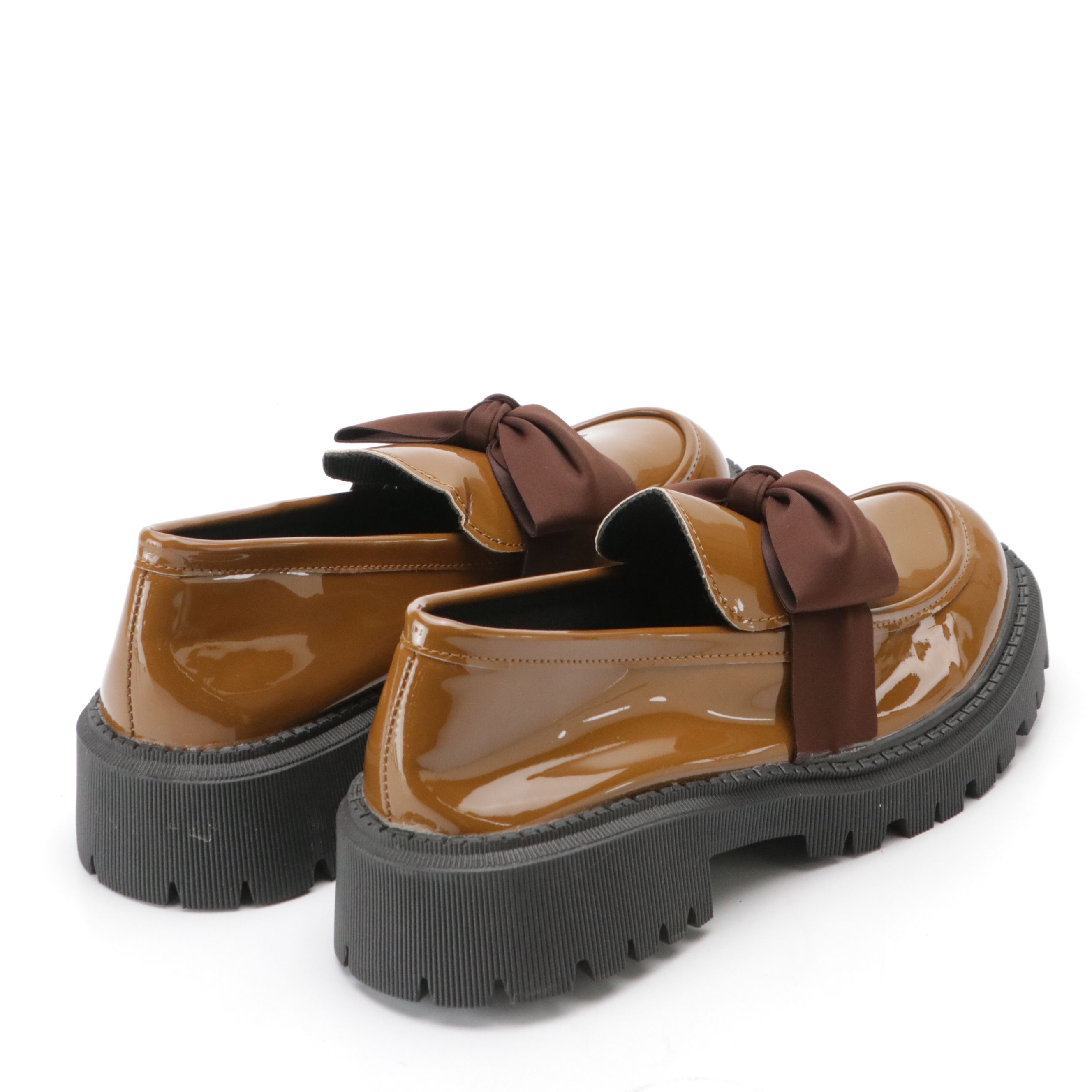 Chunky Platform Bow Loafers in Brown Faux Patent Leather