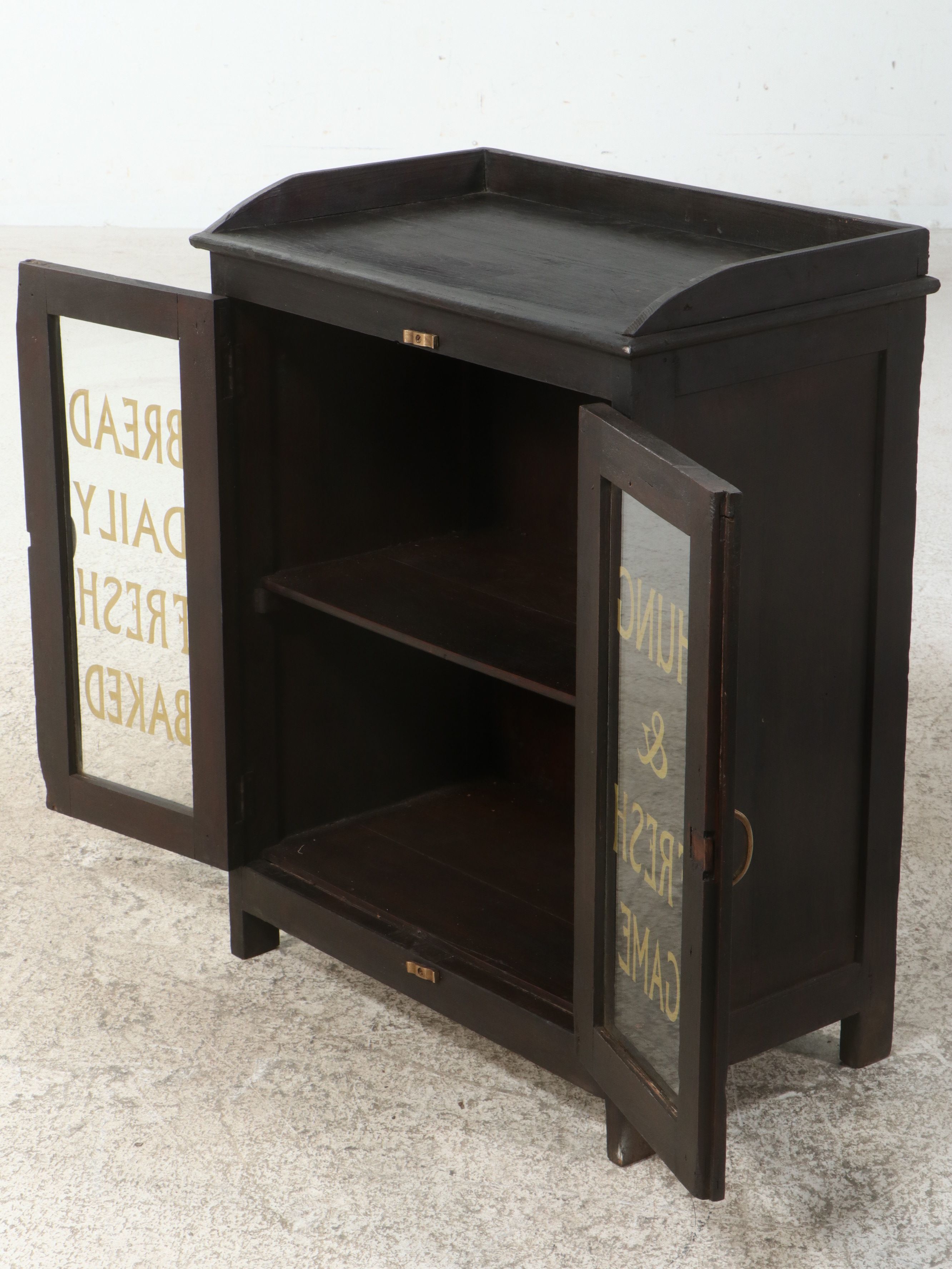 Edwardian Style Wooden Shop Display Cabinet with Hand-Painted Glass Doors
