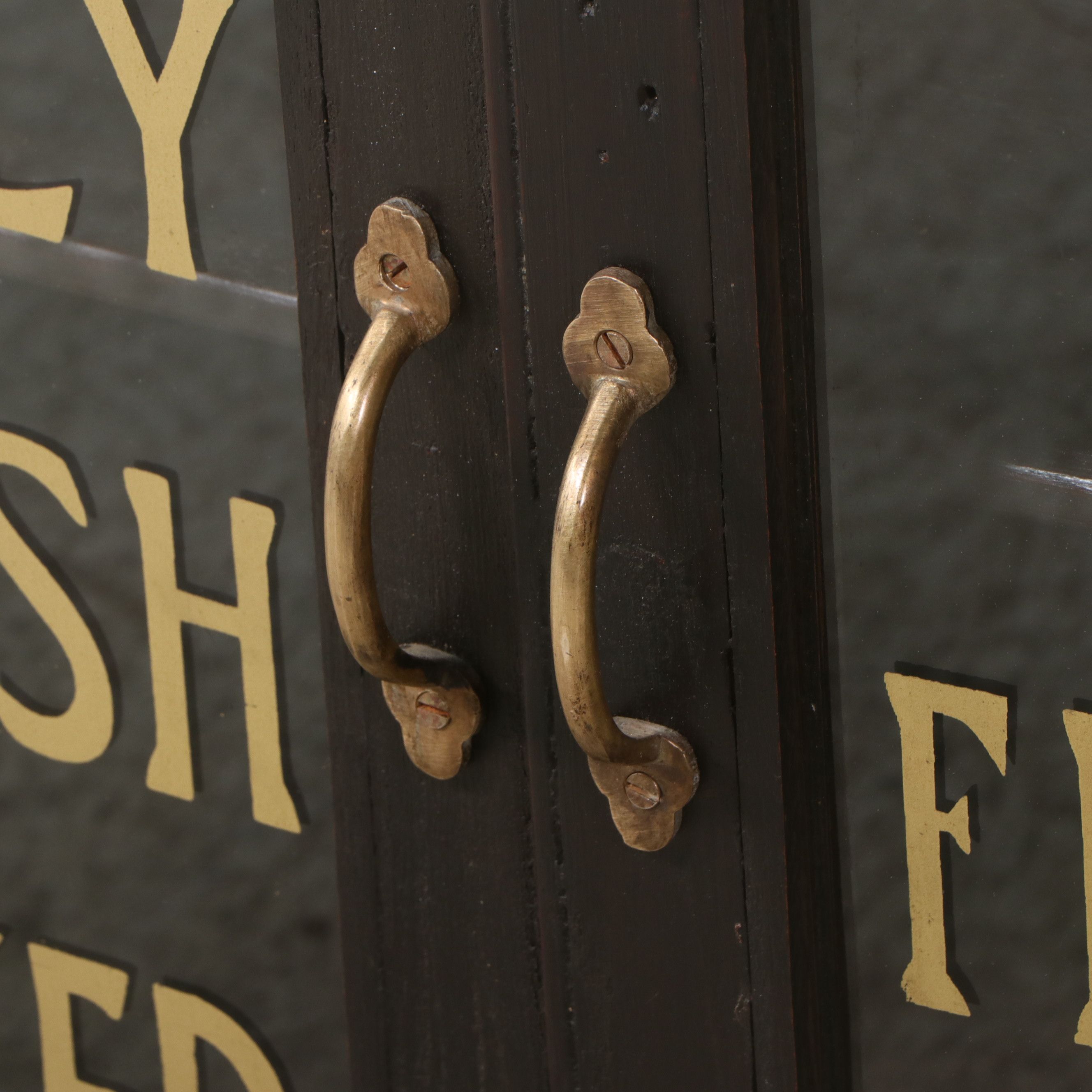 Edwardian Style Wooden Shop Display Cabinet with Hand-Painted Glass Doors